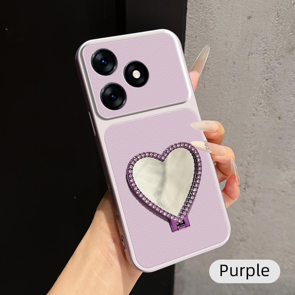 For Tecno Spark 10 Lambskin Series Skin Feel Shockproof Phone Case with Heart Mirror Holder(Purple) - Shopkiz.com