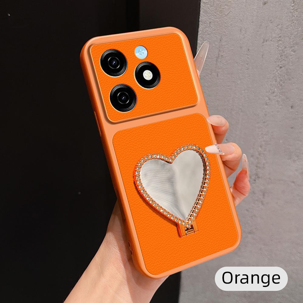 For Tecno Spark 20 Lambskin Series Skin Feel Shockproof Phone Case with Heart Mirror Holder(Orange) - Shopkiz.com