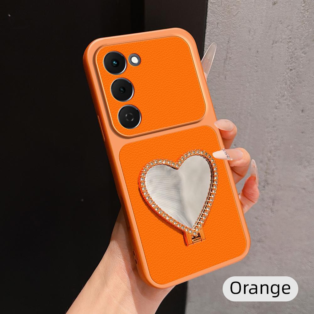 For Tecno Spark 40 Pro+ 4G Lambskin Series Skin Feel Shockproof Phone Case with Heart Mirror Holder(Orange) - Shopkiz.com