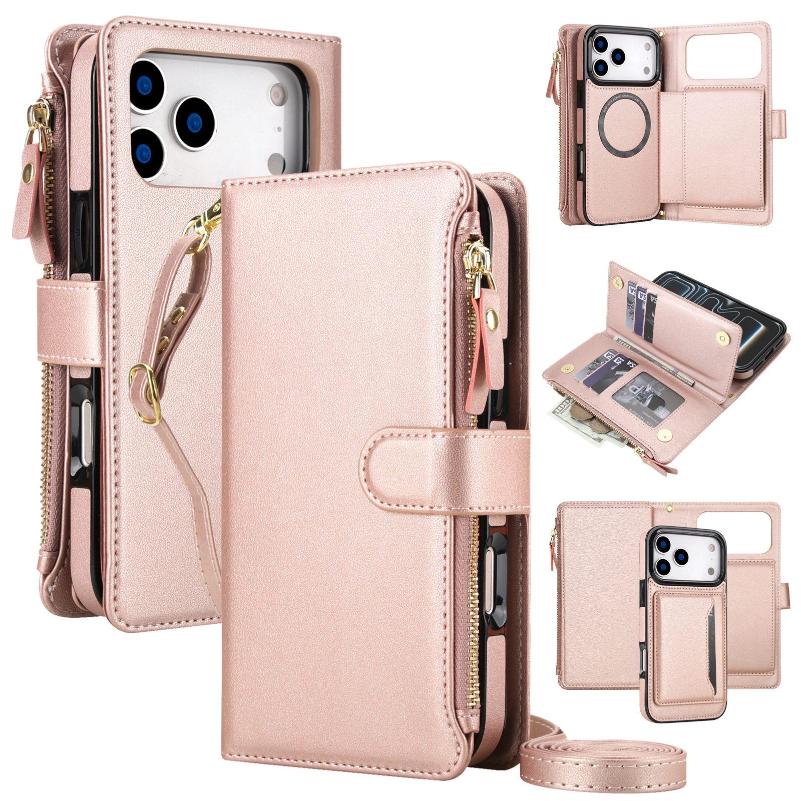 For iPhone 18 Pro KLT-033 Detachable 2 in 1 Zipper Wallet Magnetic Phone Case with Lanyard(Rose Gold) - Shopkiz.com