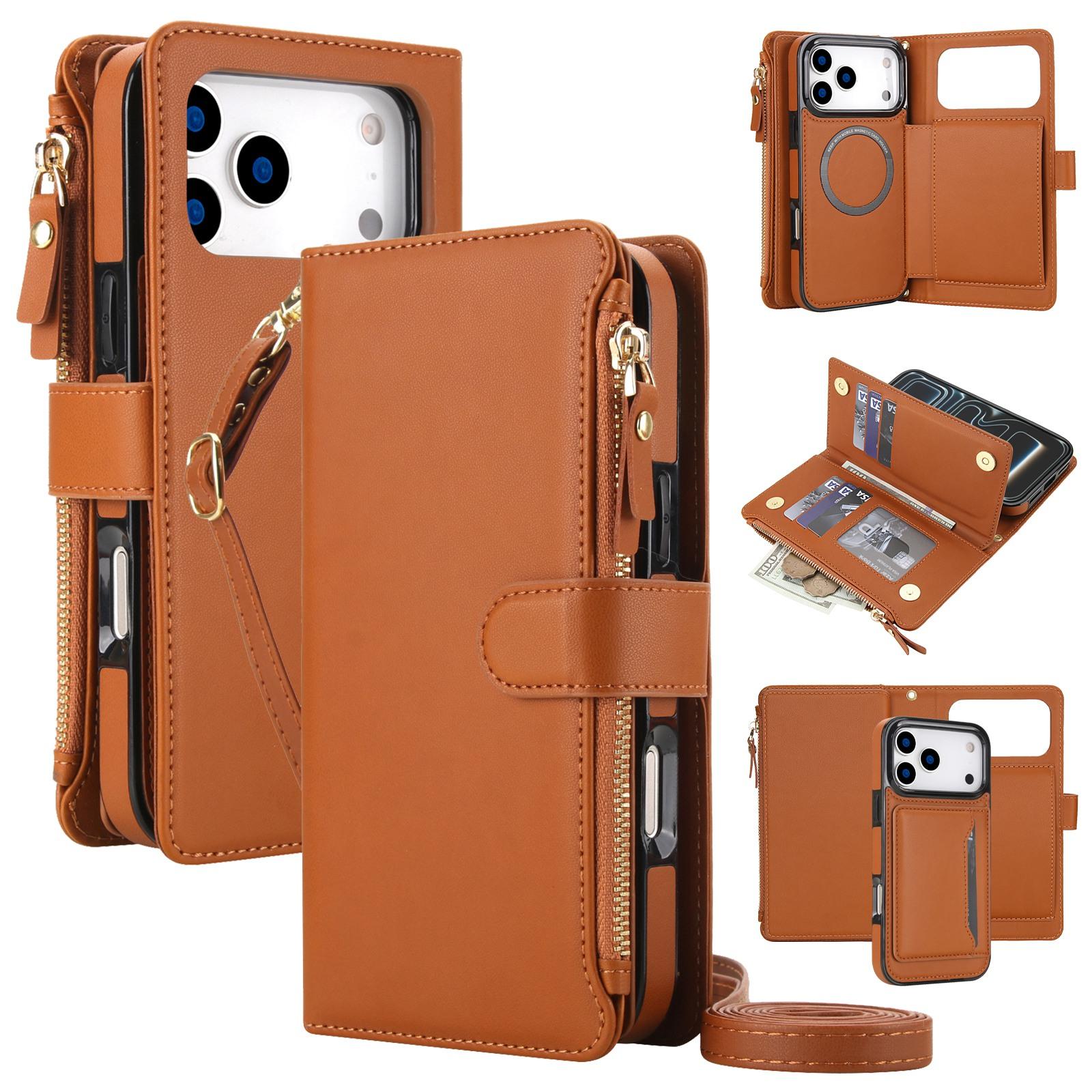 For iPhone 18 Pro Max KLT-033 Detachable 2 in 1 Zipper Wallet Magnetic Phone Case with Lanyard(Brown) - Shopkiz.com
