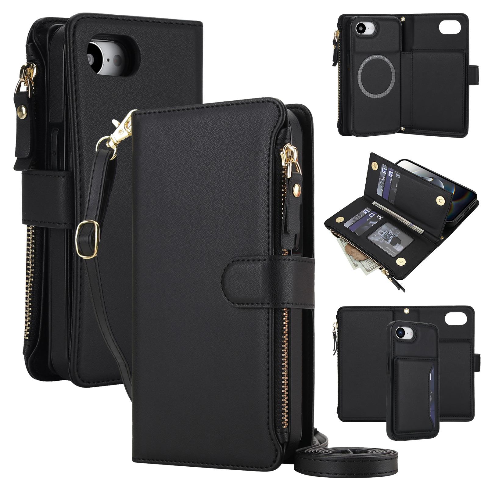 For iPhone 17e / 16e KLT-033 Detachable 2 in 1 Zipper Wallet Magnetic Phone Case with Lanyard(Black) - Shopkiz.com