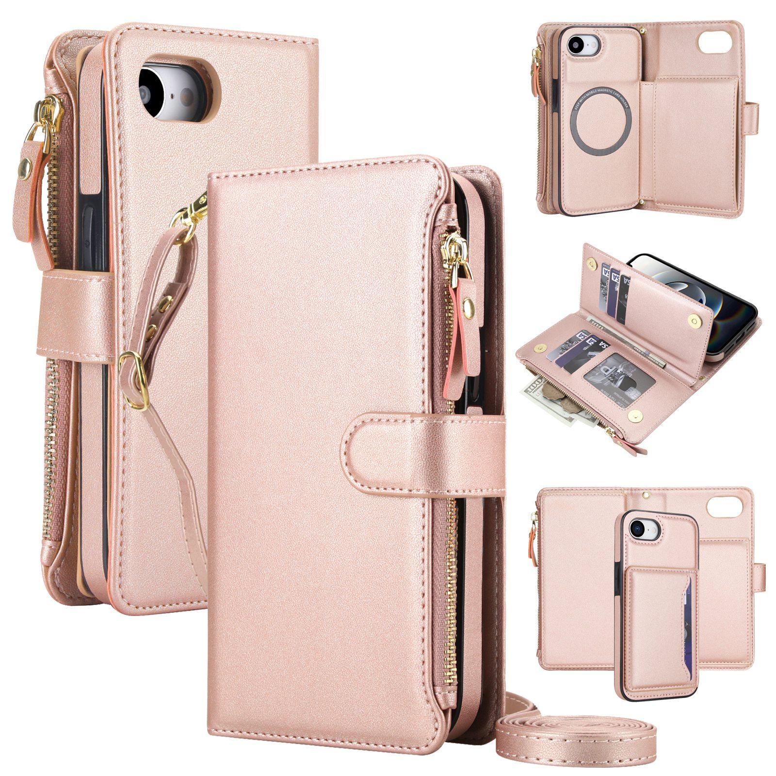 For iPhone 17e / 16e KLT-033 Detachable 2 in 1 Zipper Wallet Magnetic Phone Case with Lanyard(Rose Gold) - Shopkiz.com