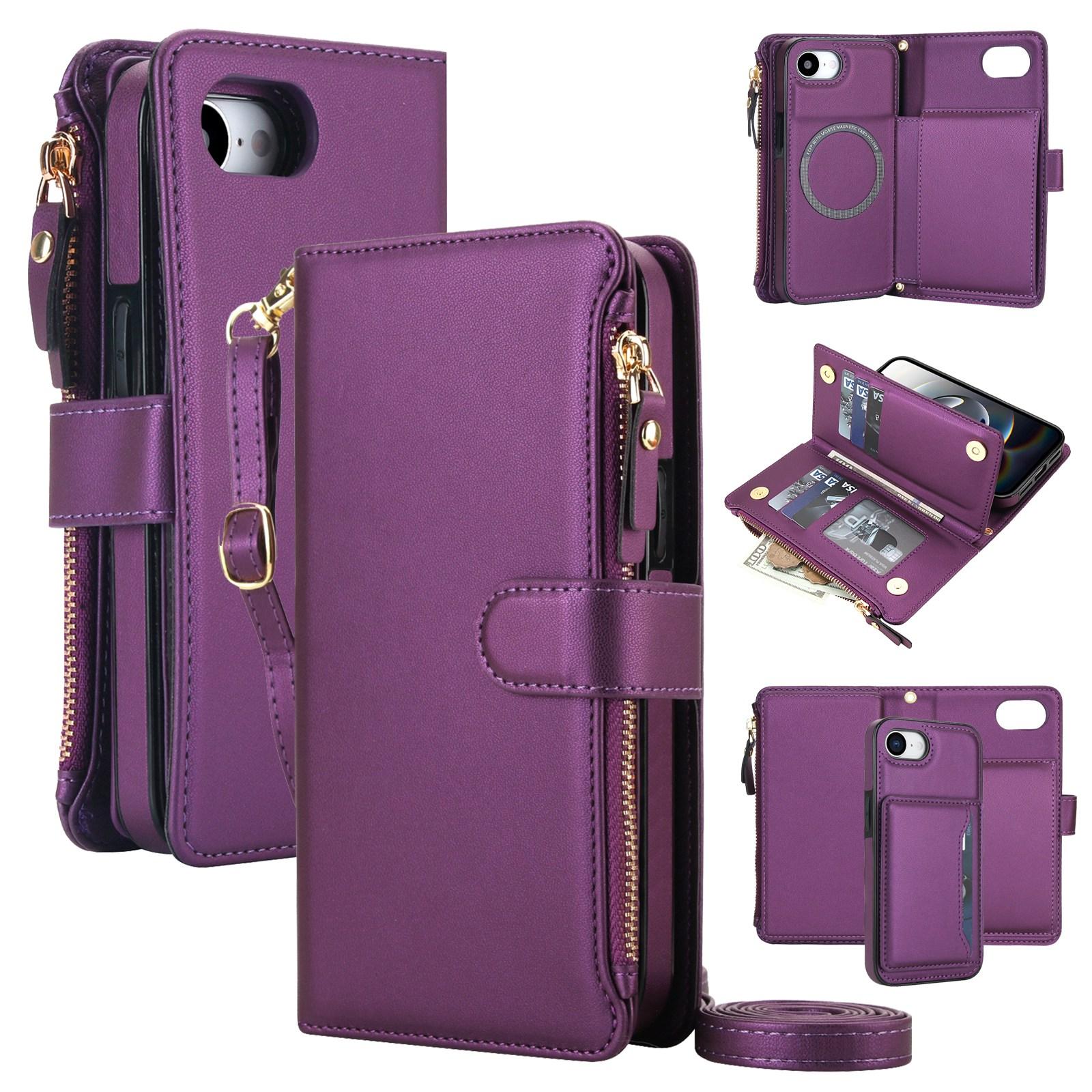 For iPhone 17e / 16e KLT-033 Detachable 2 in 1 Zipper Wallet Magnetic Phone Case with Lanyard(Purple) - Shopkiz.com