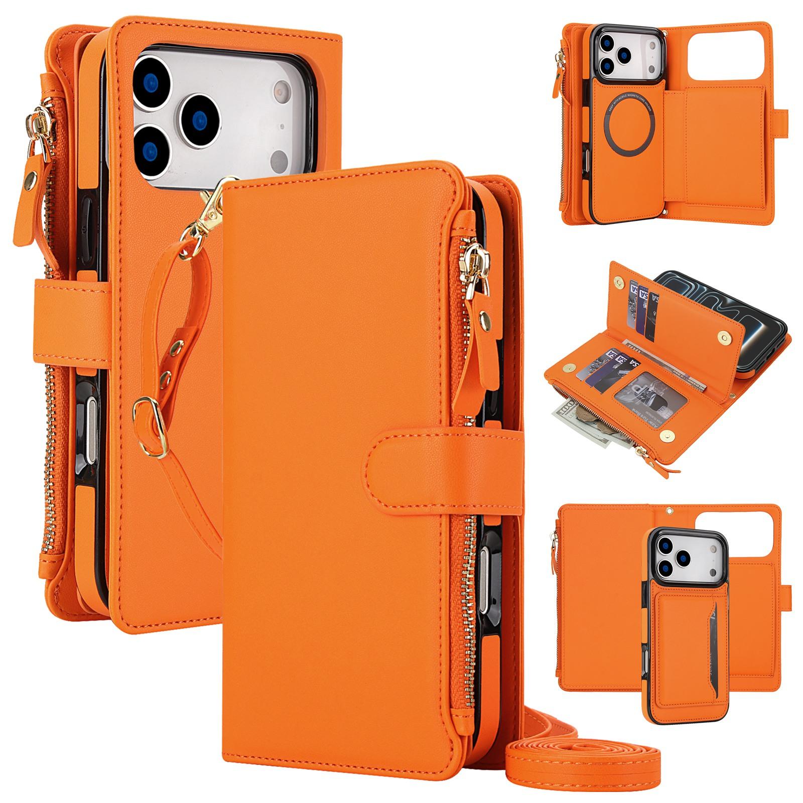 For iPhone 17 Pro KLT-033 Detachable 2 in 1 Zipper Wallet Magnetic Phone Case with Lanyard(Orange) - Shopkiz.com