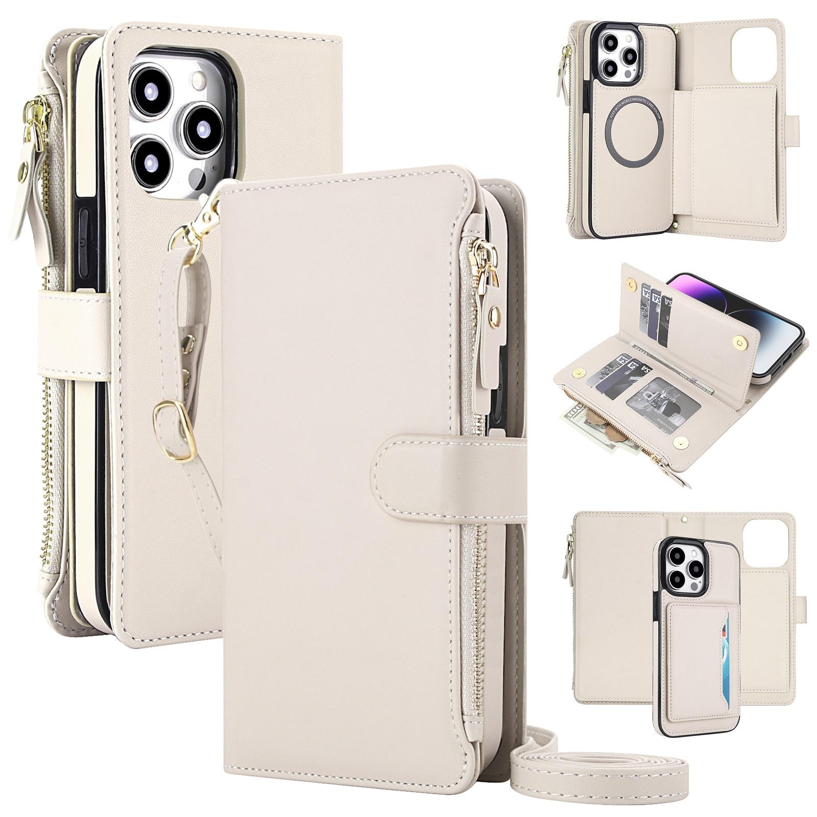For iPhone 16 Pro Max KLT-033 Detachable 2 in 1 Zipper Wallet Magnetic Phone Case with Lanyard(Apricot) - Shopkiz.com