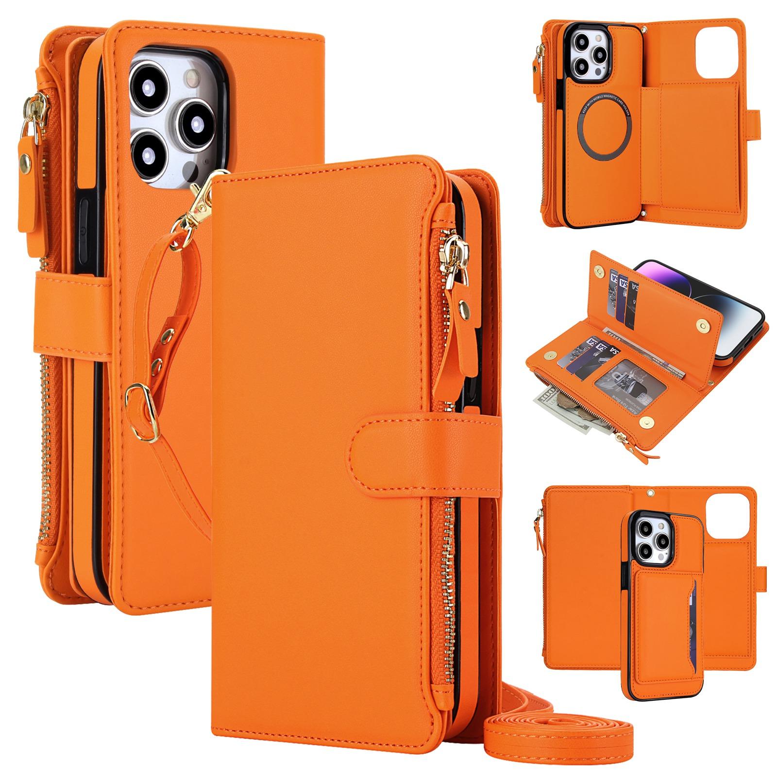 For iPhone 16 Pro Max KLT-033 Detachable 2 in 1 Zipper Wallet Magnetic Phone Case with Lanyard(Orange) - Shopkiz.com