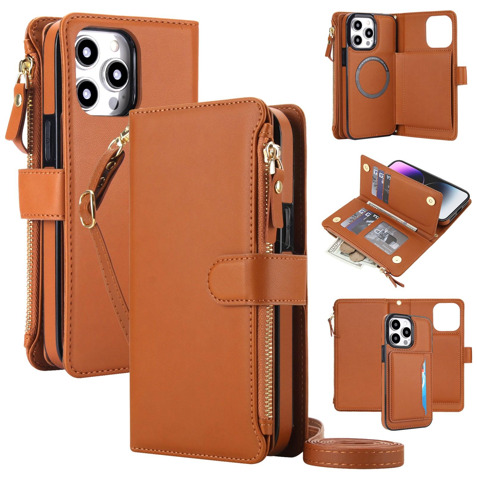 For iPhone 16 Pro KLT-033 Detachable 2 in 1 Zipper Wallet Magnetic Phone Case with Lanyard(Brown) - Shopkiz.com