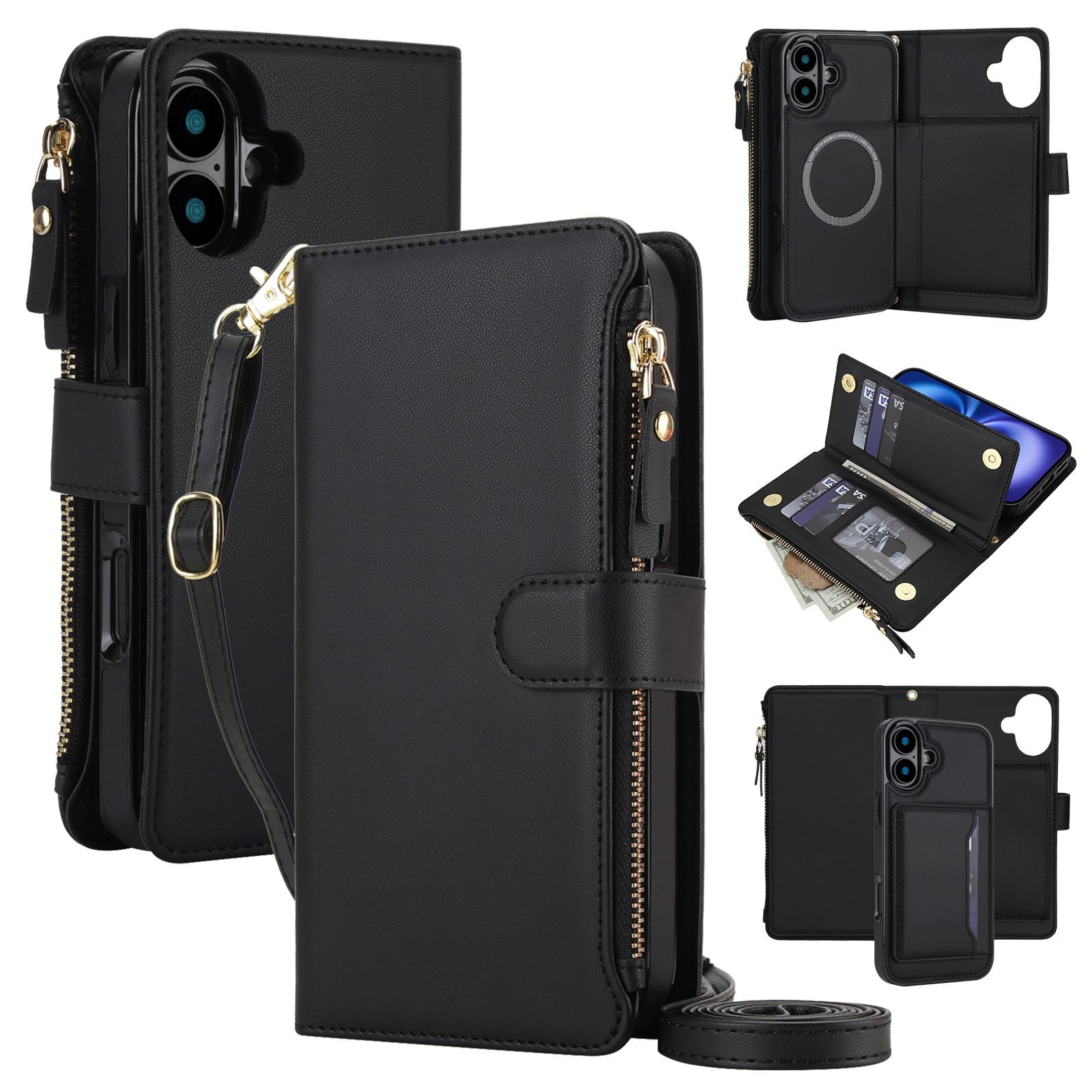 For iPhone 16 Plus KLT-033 Detachable 2 in 1 Zipper Wallet Magnetic Phone Case with Lanyard(Black) - Shopkiz.com