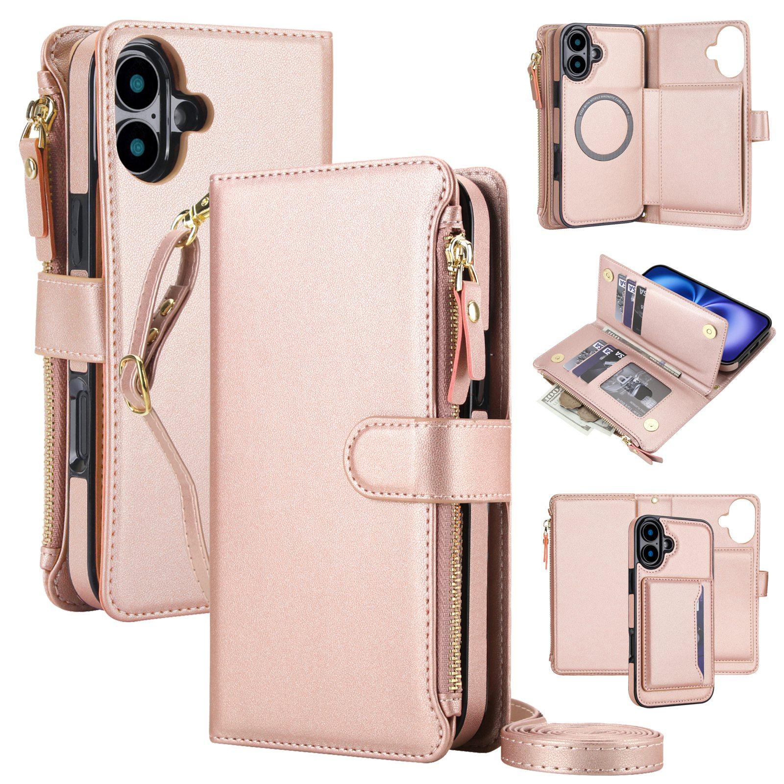 For iPhone 16 Plus KLT-033 Detachable 2 in 1 Zipper Wallet Magnetic Phone Case with Lanyard(Rose Gold) - Shopkiz.com