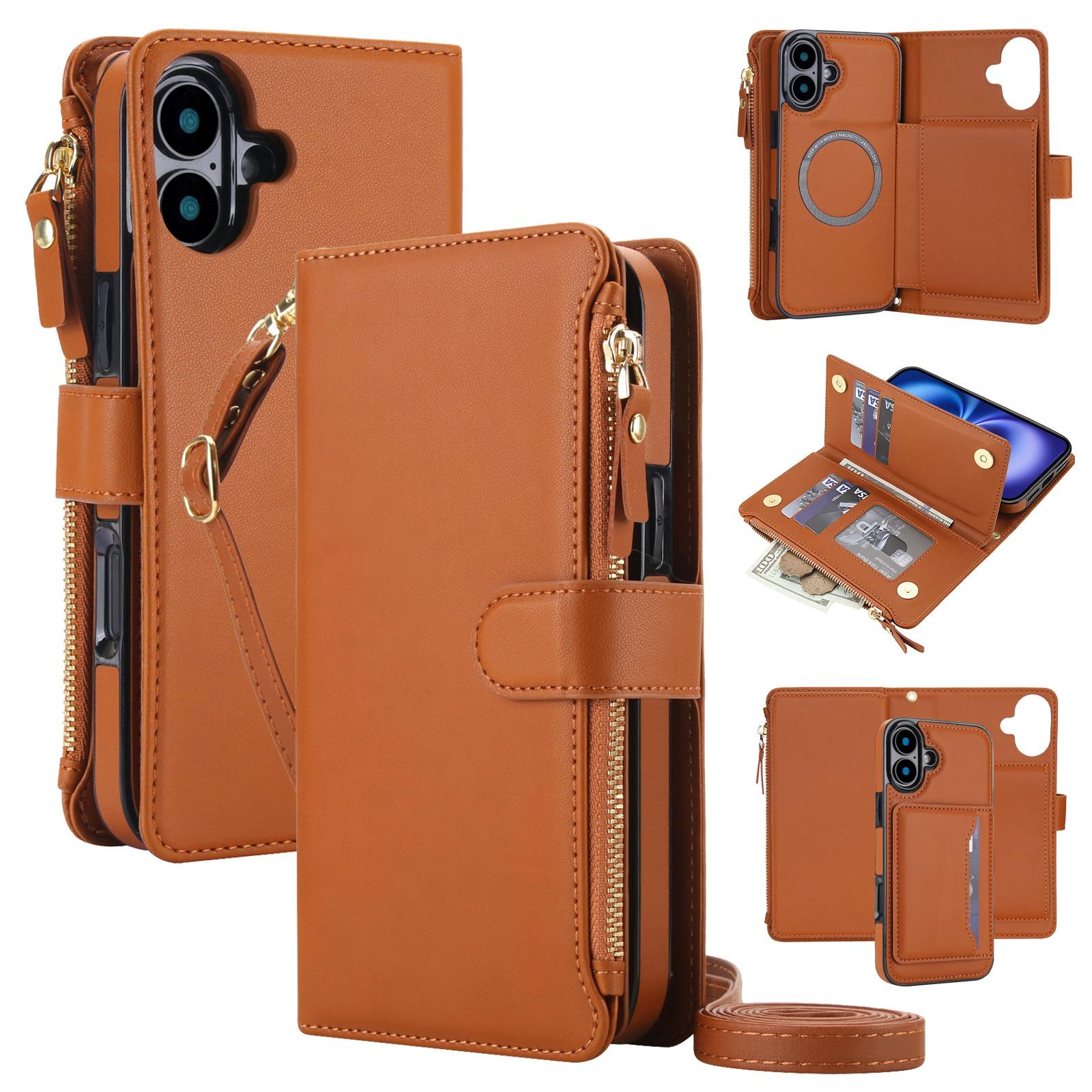 For iPhone 16 Plus KLT-033 Detachable 2 in 1 Zipper Wallet Magnetic Phone Case with Lanyard(Brown) - Shopkiz.com