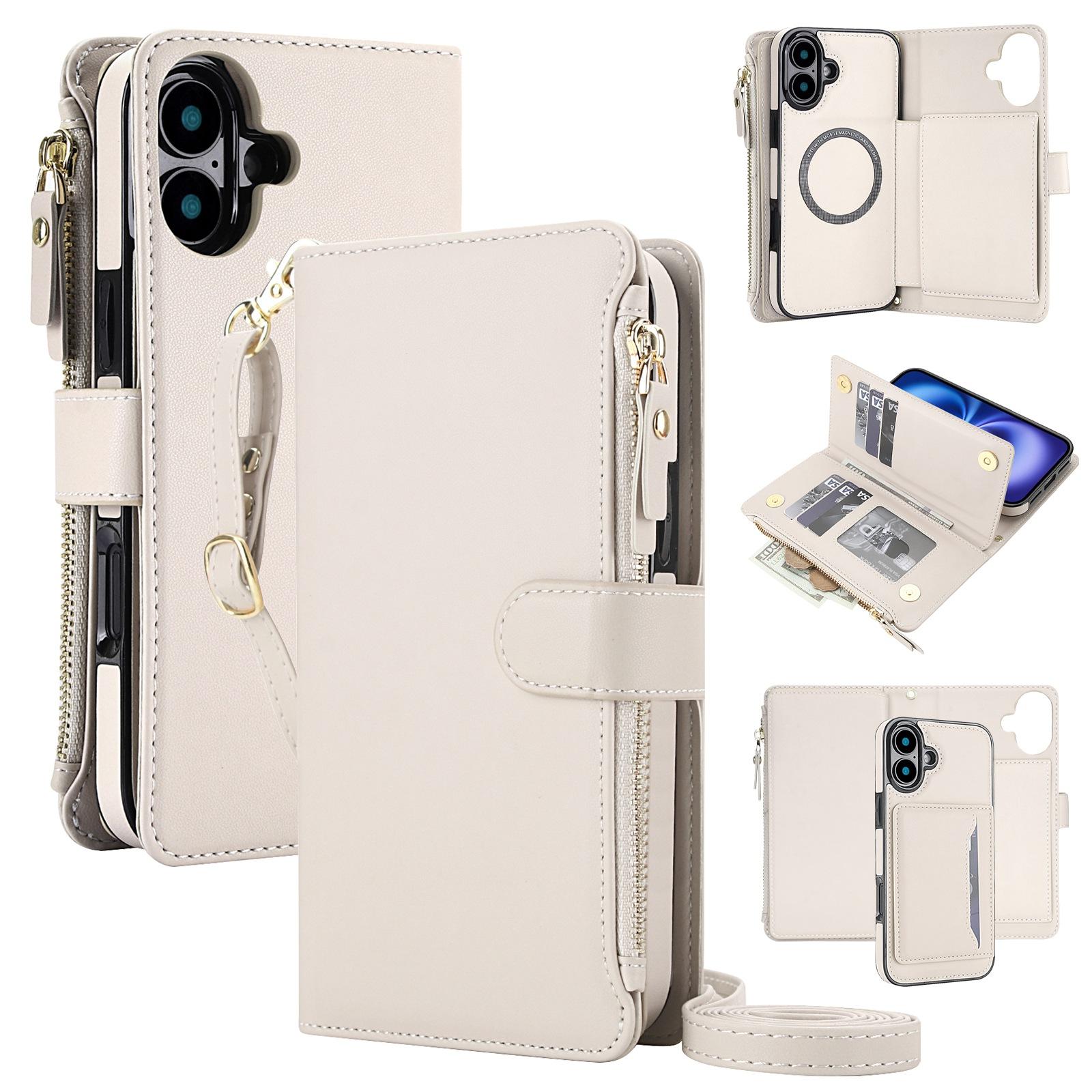 For iPhone 16 KLT-033 Detachable 2 in 1 Zipper Wallet Magnetic Phone Case with Lanyard(Apricot) - Shopkiz.com