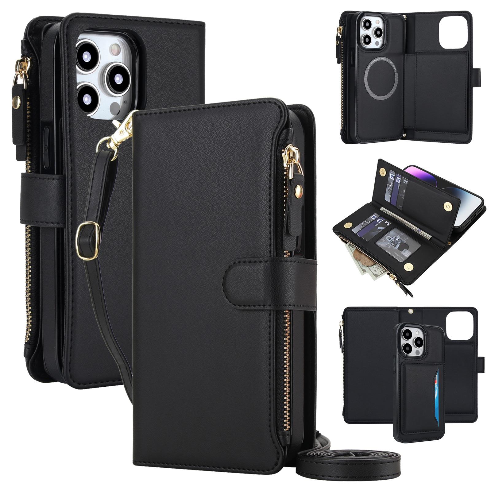 For iPhone 15 Pro KLT-033 Detachable 2 in 1 Zipper Wallet Magnetic Phone Case with Lanyard(Black) - Shopkiz.com