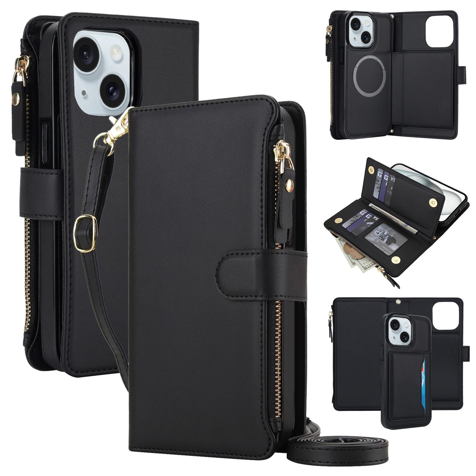 For iPhone 15 Plus / 14 Plus KLT-033 Detachable 2 in 1 Zipper Wallet Magnetic Phone Case with Lanyard(Black) - Shopkiz.com