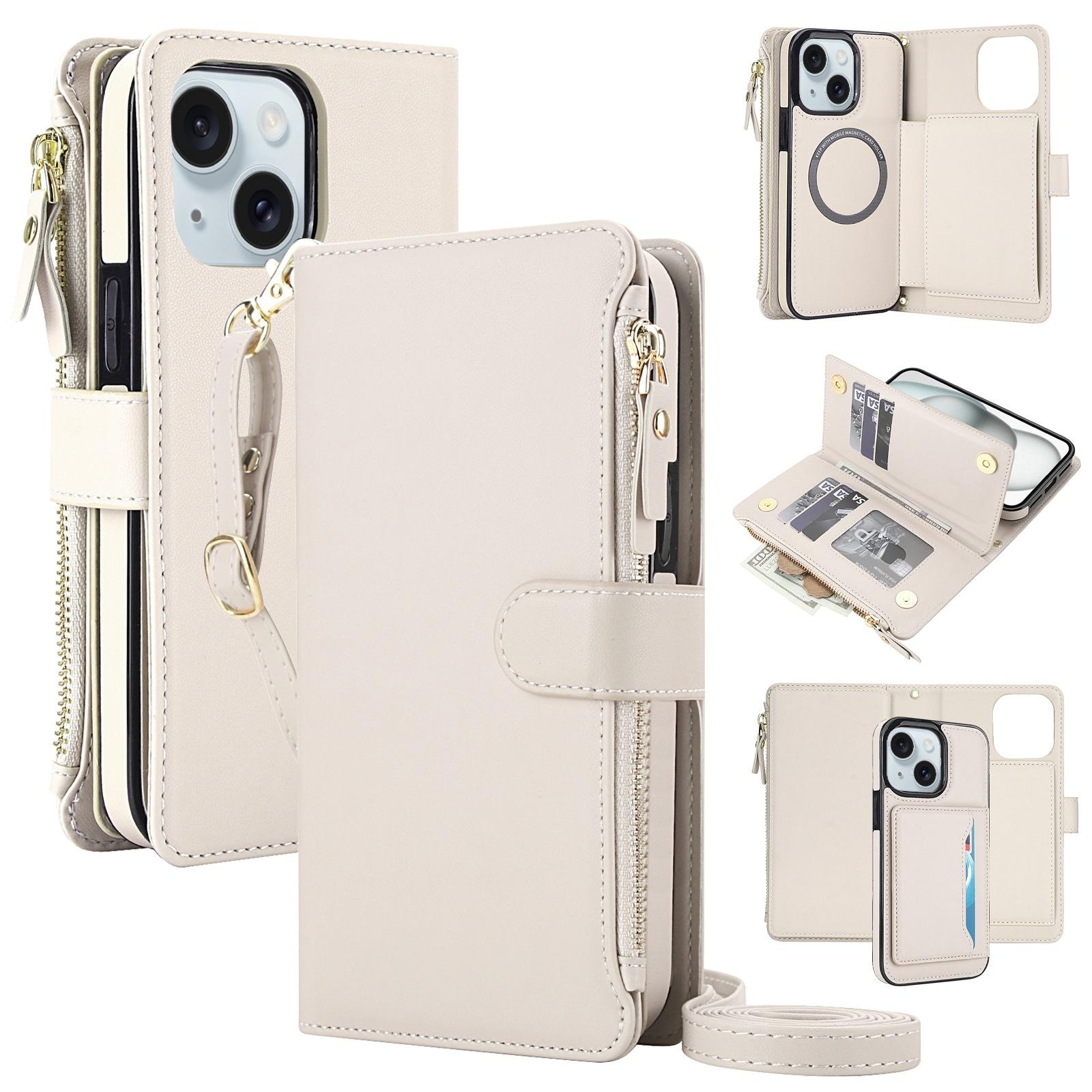 For iPhone 15 KLT-033 Detachable 2 in 1 Zipper Wallet Magnetic Phone Case with Lanyard(Apricot) - Shopkiz.com