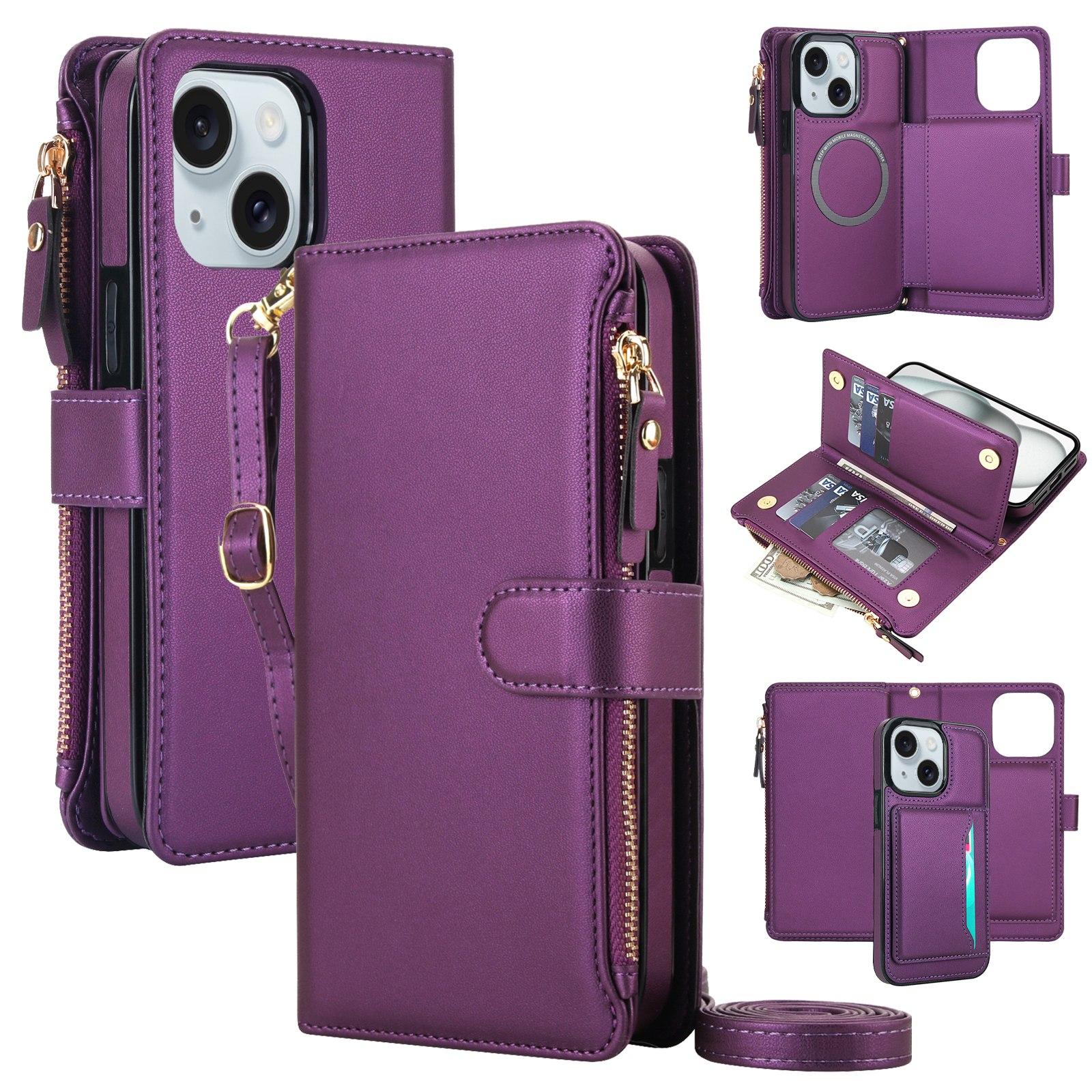 For iPhone 15 KLT-033 Detachable 2 in 1 Zipper Wallet Magnetic Phone Case with Lanyard(Purple) - Shopkiz.com