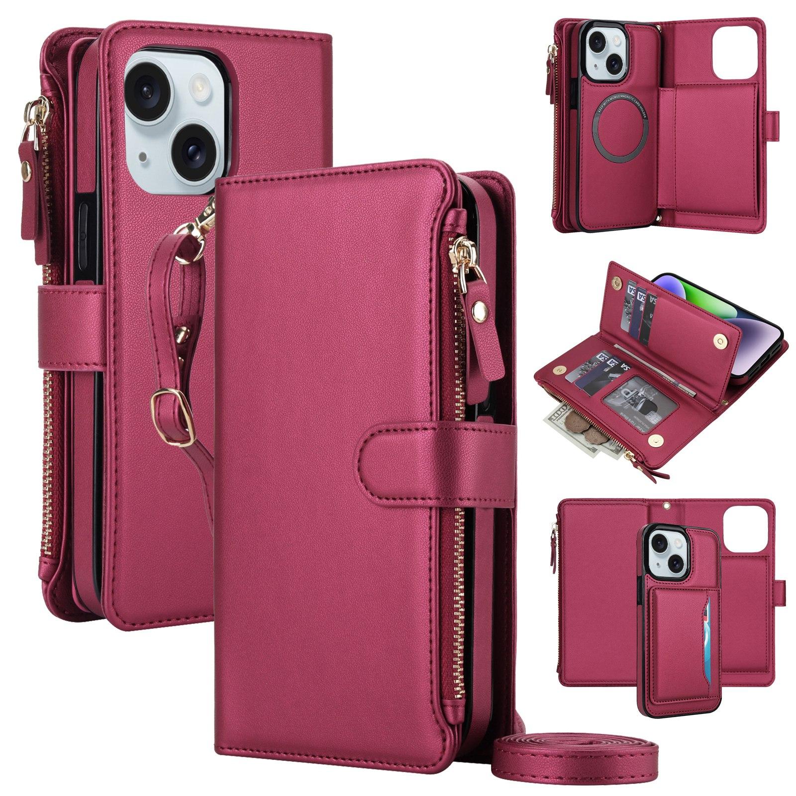 For iPhone 14 / 13 KLT-033 Detachable 2 in 1 Zipper Wallet Magnetic Phone Case with Lanyard(Red) - Shopkiz.com
