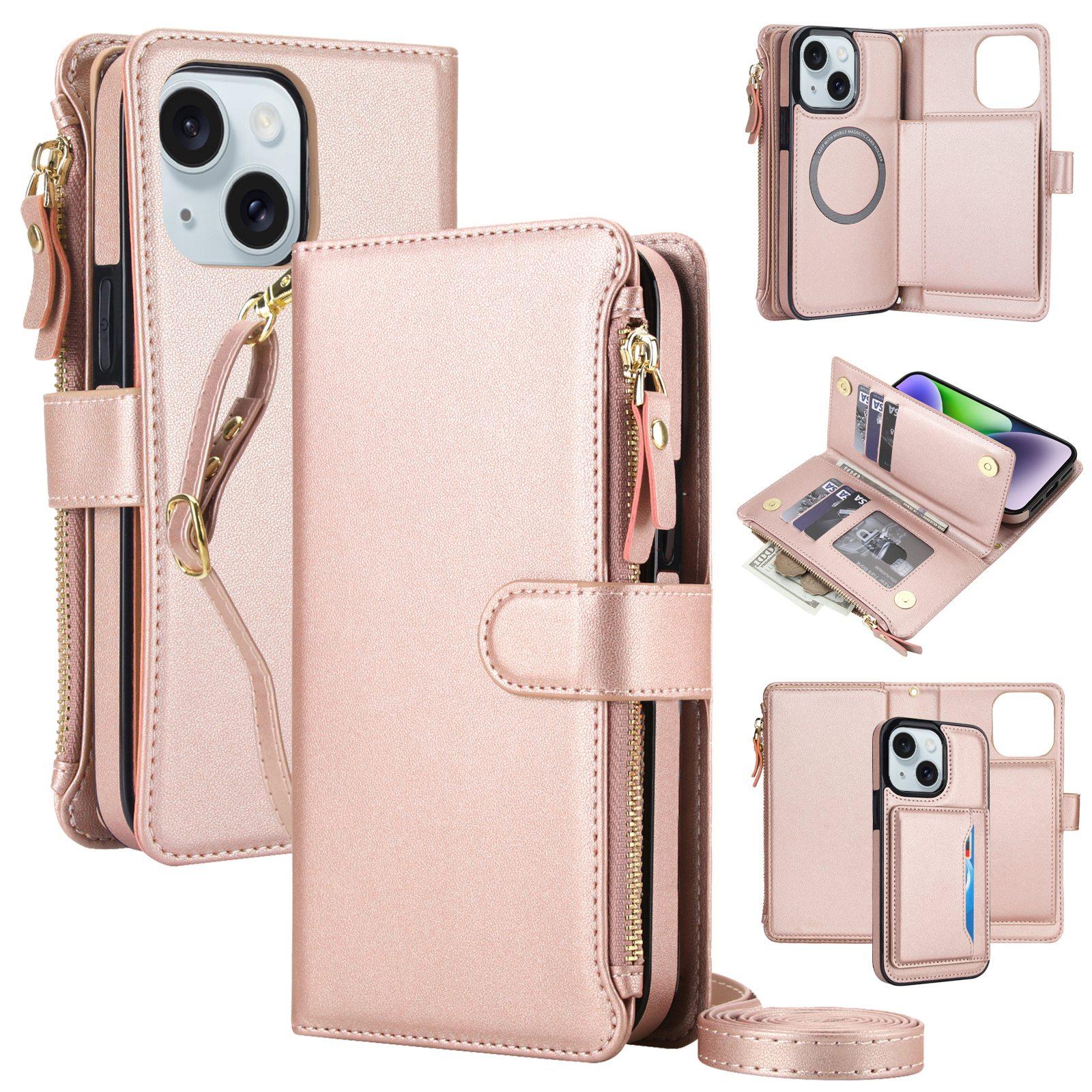 For iPhone 14 / 13 KLT-033 Detachable 2 in 1 Zipper Wallet Magnetic Phone Case with Lanyard(Rose Gold) - Shopkiz.com