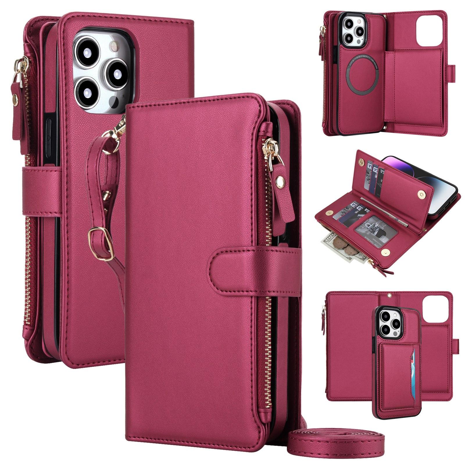 For iPhone 14 Pro KLT-033 Detachable 2 in 1 Zipper Wallet Magnetic Phone Case with Lanyard(Red) - Shopkiz.com