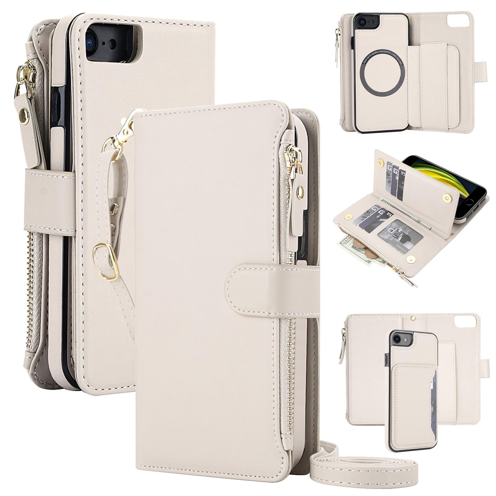 For iPhone SE 2022 / SE 2020 / 8 / 7 KLT-033 Detachable 2 in 1 Zipper Wallet Magnetic Phone Case with Lanyard(Apricot) - Shopkiz.com