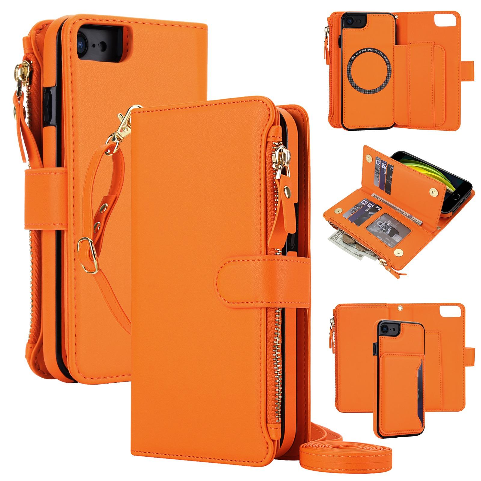 For iPhone SE 2022 / SE 2020 / 8 / 7 KLT-033 Detachable 2 in 1 Zipper Wallet Magnetic Phone Case with Lanyard(Orange) - Shopkiz.com