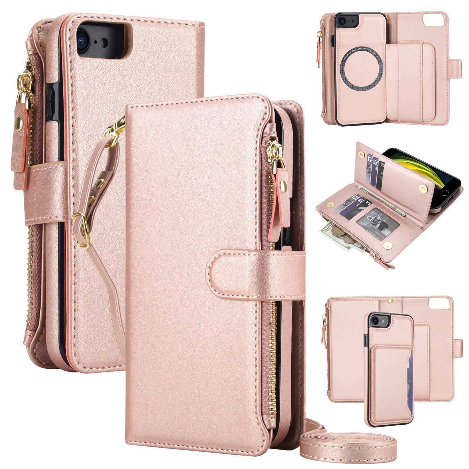 For iPhone SE 2022 / SE 2020 / 8 / 7 KLT-033 Detachable 2 in 1 Zipper Wallet Magnetic Phone Case with Lanyard(Rose Gold) - Shopkiz.com