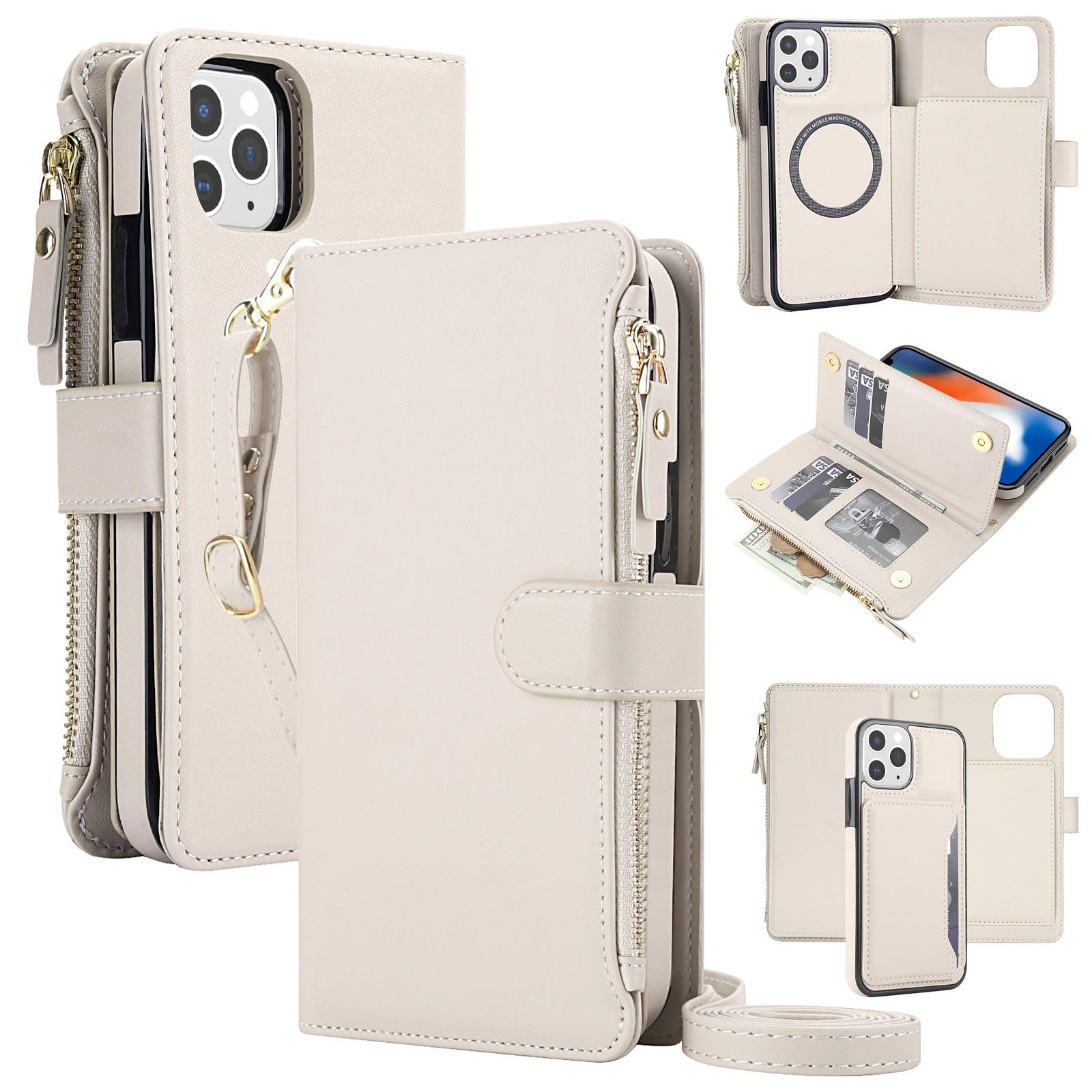 For iPhone 13 Pro KLT-033 Detachable 2 in 1 Zipper Wallet Magnetic Phone Case with Lanyard(Apricot) - Shopkiz.com