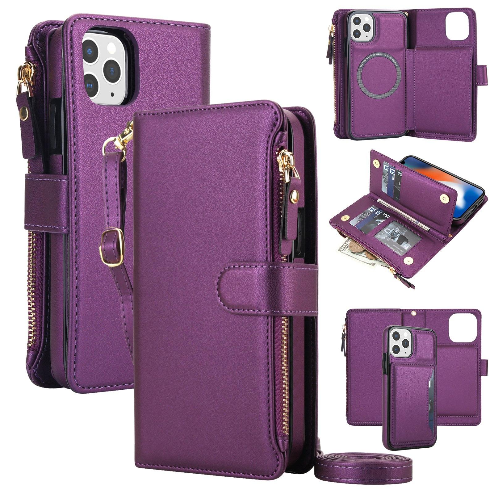 For iPhone 13 Pro KLT-033 Detachable 2 in 1 Zipper Wallet Magnetic Phone Case with Lanyard(Purple) - Shopkiz.com
