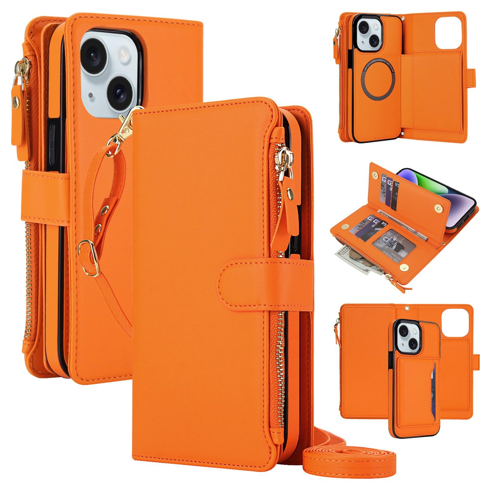For iPhone 13 mini KLT-033 Detachable 2 in 1 Zipper Wallet Magnetic Phone Case with Lanyard(Orange) - Shopkiz.com