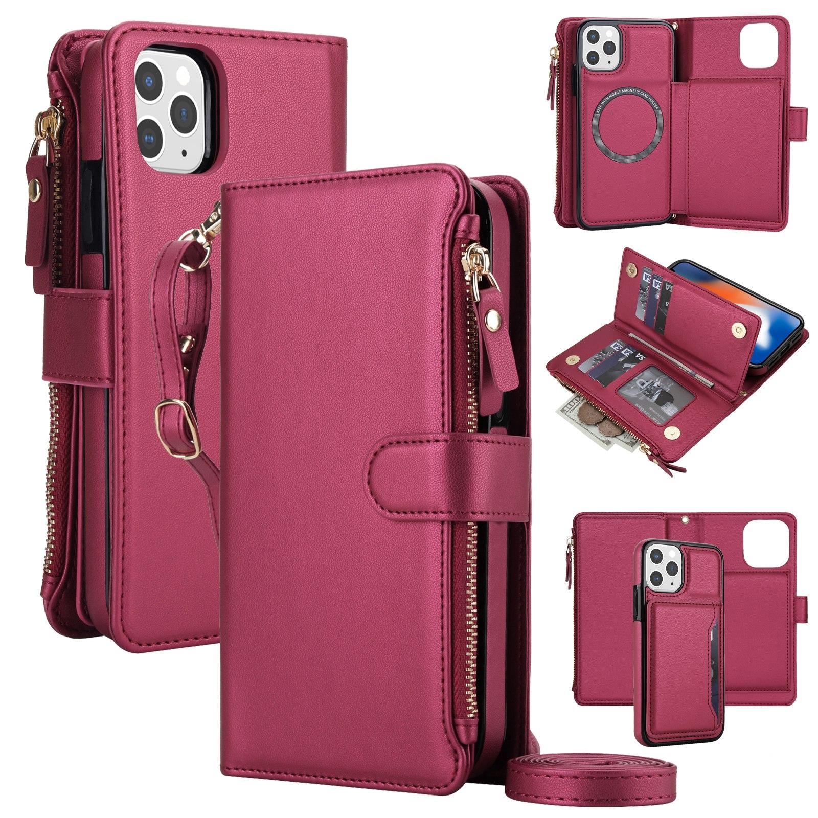 For iPhone 12 / 12 Pro KLT-033 Detachable 2 in 1 Zipper Wallet Magnetic Phone Case with Lanyard(Red) - Shopkiz.com