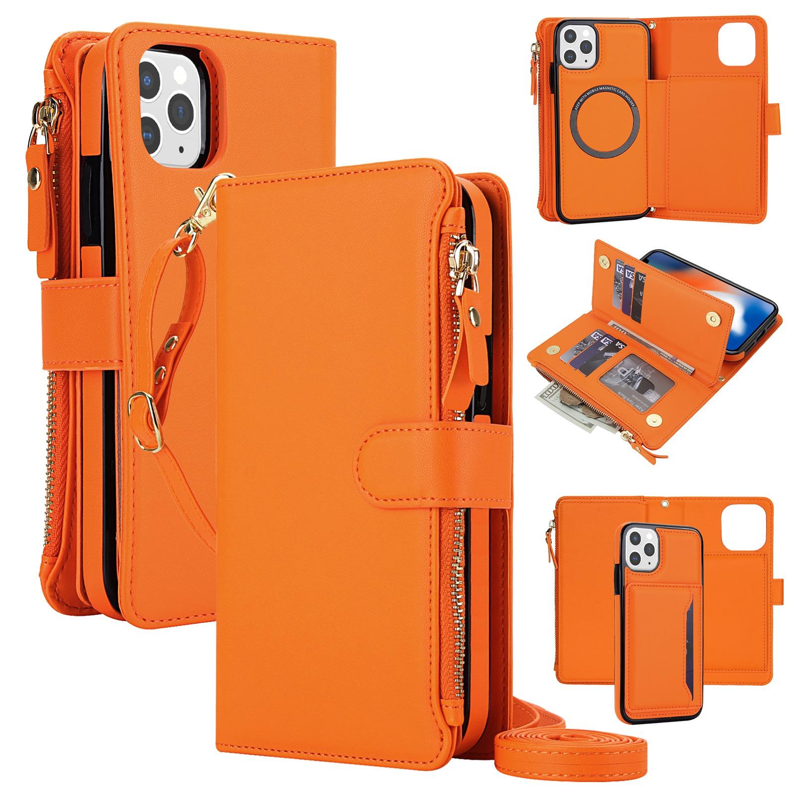 For iPhone 12 Pro Max KLT-033 Detachable 2 in 1 Zipper Wallet Magnetic Phone Case with Lanyard(Orange) - Shopkiz.com