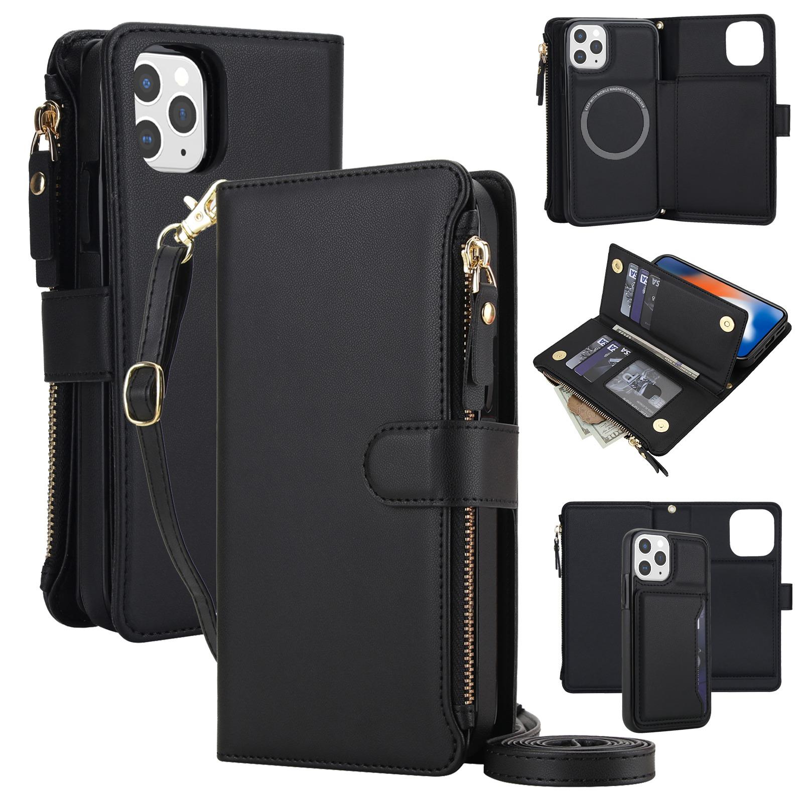 For iPhone 12 Pro Max KLT-033 Detachable 2 in 1 Zipper Wallet Magnetic Phone Case with Lanyard(Black) - Shopkiz.com