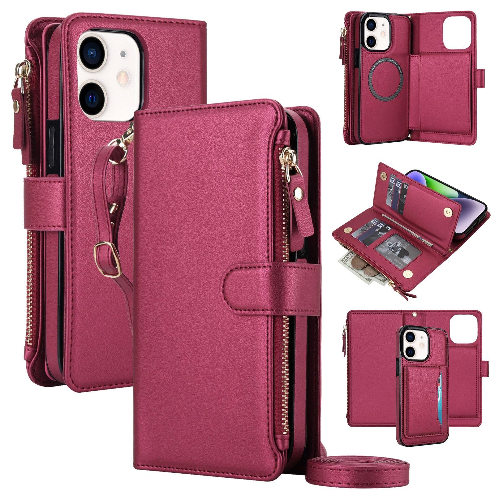 For iPhone 12 mini KLT-033 Detachable 2 in 1 Zipper Wallet Magnetic Phone Case with Lanyard(Red) - Shopkiz.com