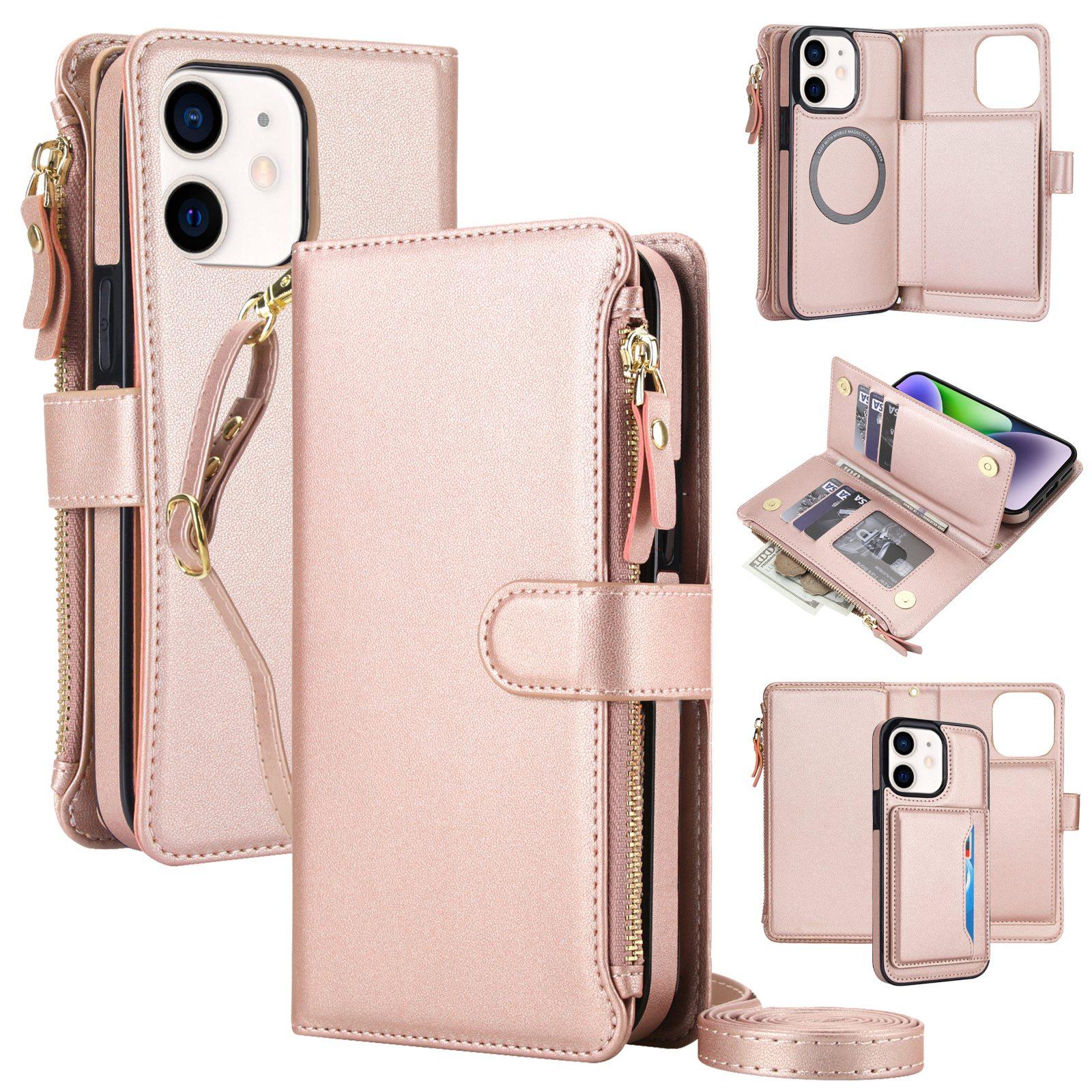 For iPhone 12 mini KLT-033 Detachable 2 in 1 Zipper Wallet Magnetic Phone Case with Lanyard(Rose Gold) - Shopkiz.com