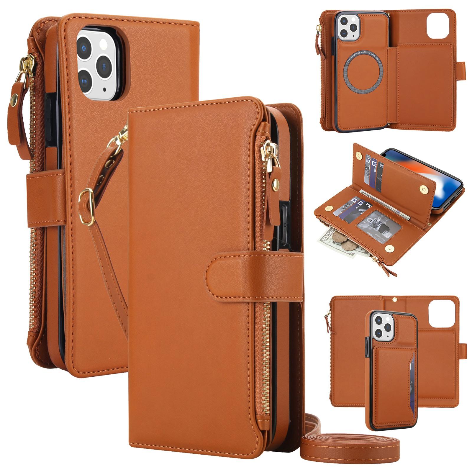 For iPhone 11 Pro Max KLT-033 Detachable 2 in 1 Zipper Wallet Magnetic Phone Case with Lanyard(Brown) - Shopkiz.com