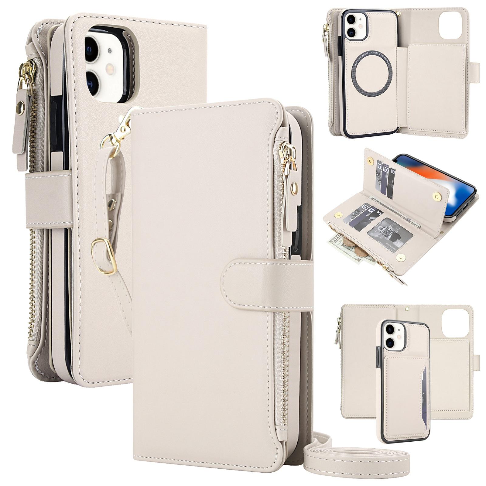 For iPhone 11 KLT-033 Detachable 2 in 1 Zipper Wallet Magnetic Phone Case with Lanyard(Apricot) - Shopkiz.com