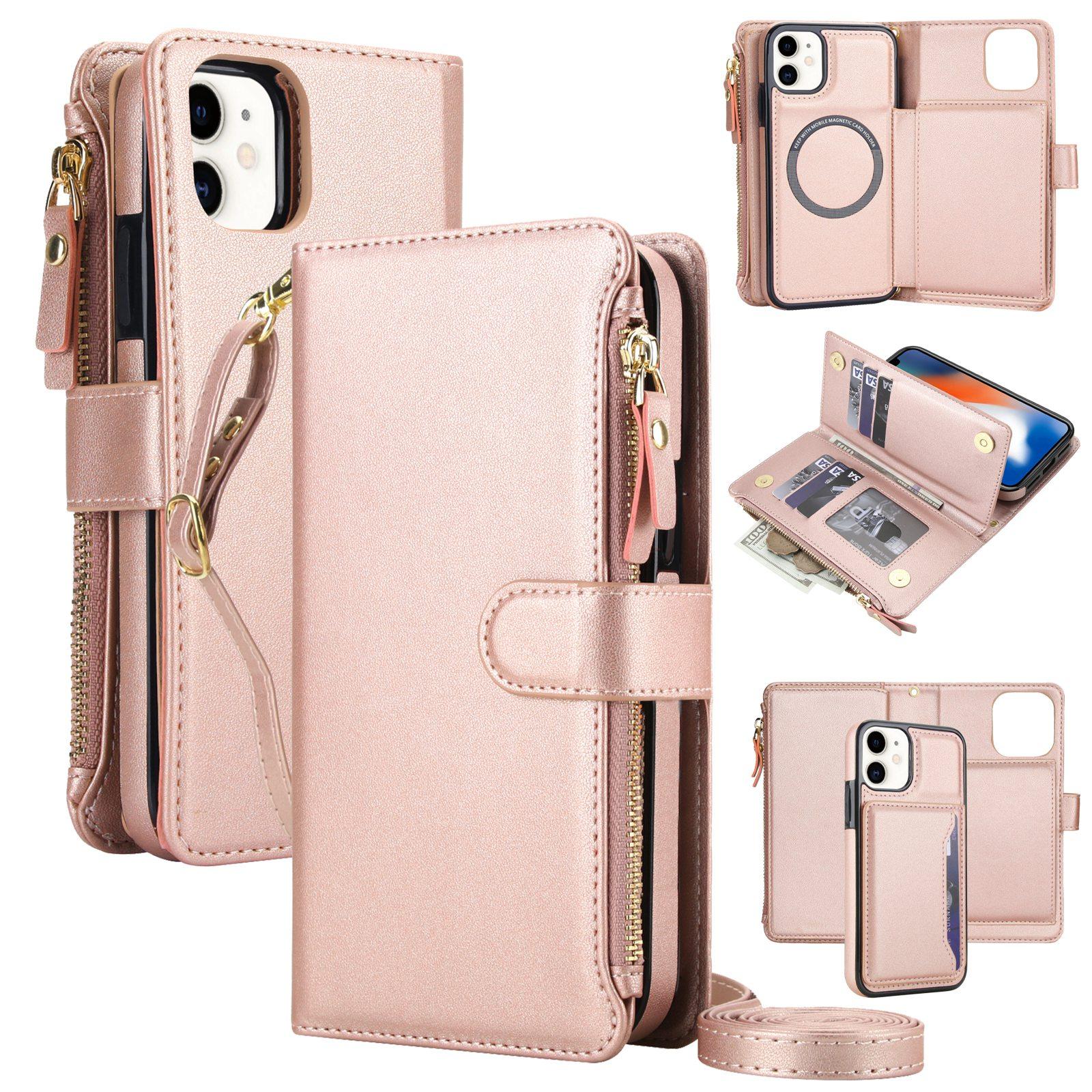 For iPhone 11 KLT-033 Detachable 2 in 1 Zipper Wallet Magnetic Phone Case with Lanyard(Rose Gold) - Shopkiz.com