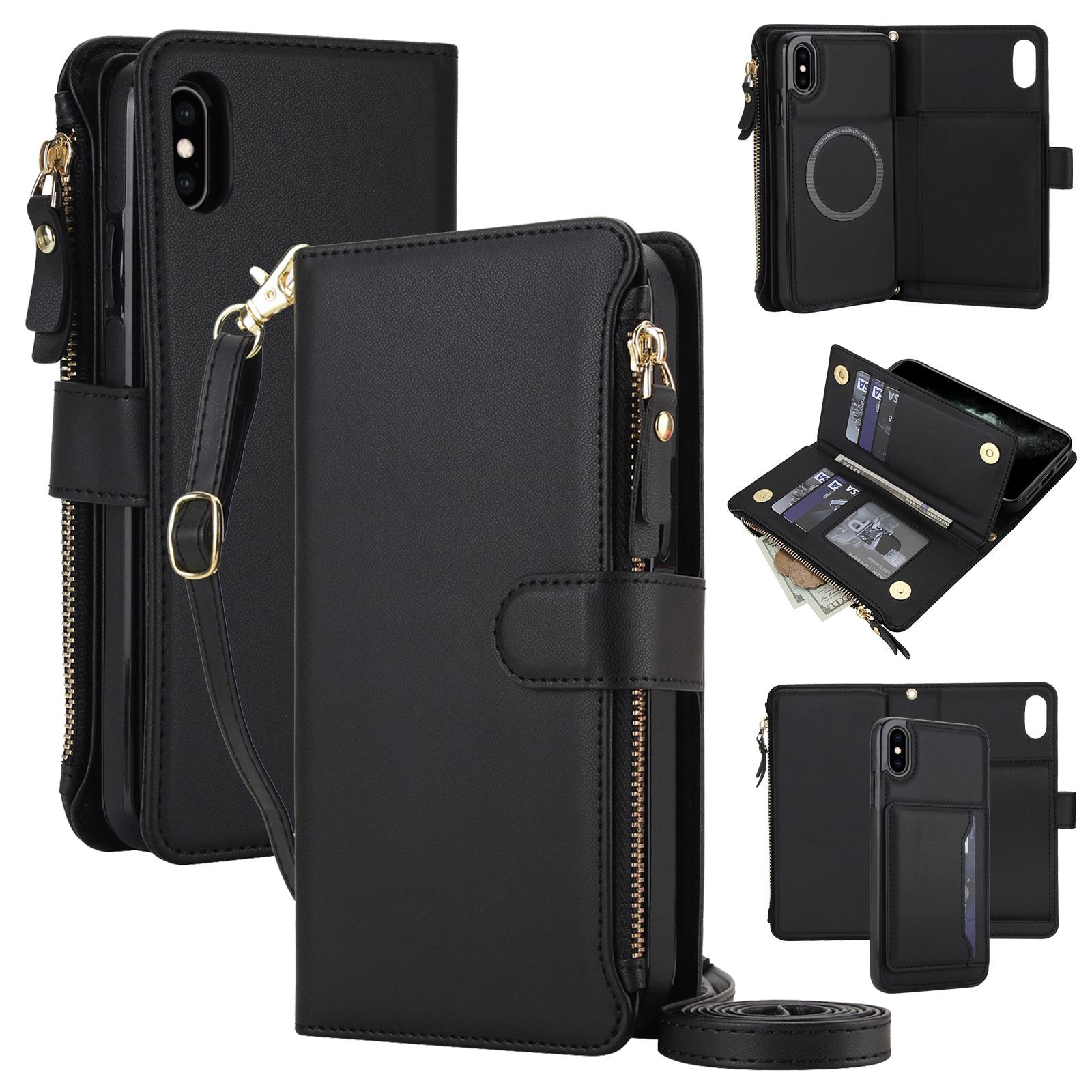 For iPhone X / XS KLT-033 Detachable 2 in 1 Zipper Wallet Magnetic Phone Case with Lanyard(Black) - Shopkiz.com