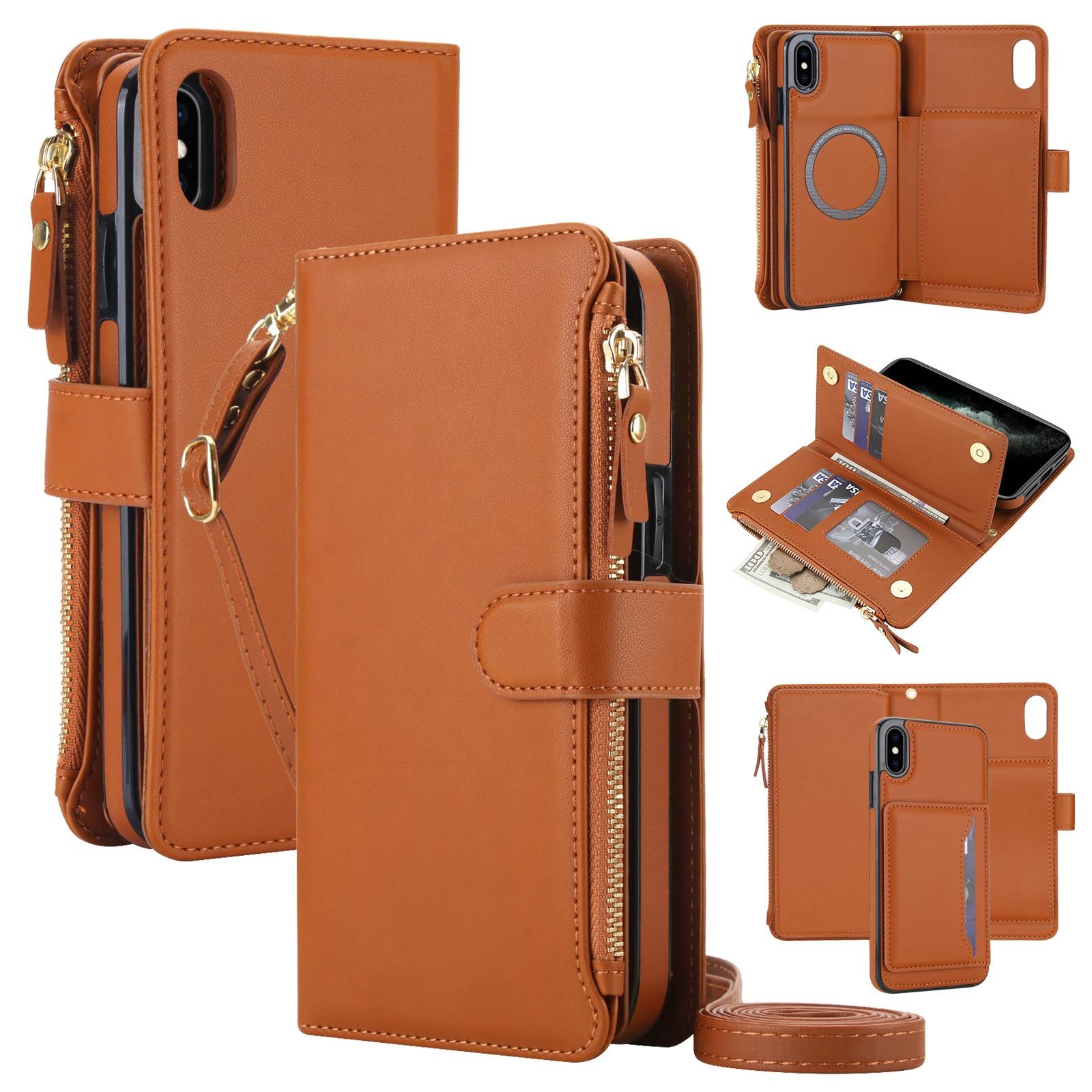 For iPhone X / XS KLT-033 Detachable 2 in 1 Zipper Wallet Magnetic Phone Case with Lanyard(Brown) - Shopkiz.com