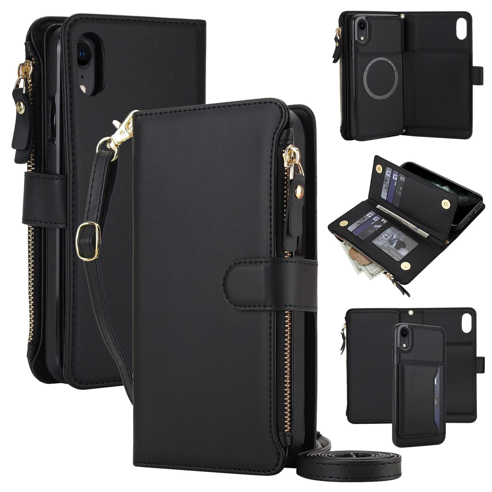 For iPhone XR KLT-033 Detachable 2 in 1 Zipper Wallet Magnetic Phone Case with Lanyard(Black) - Shopkiz.com