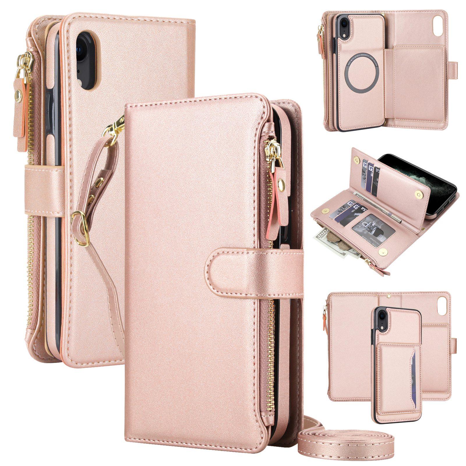 For iPhone XR KLT-033 Detachable 2 in 1 Zipper Wallet Magnetic Phone Case with Lanyard(Rose Gold) - Shopkiz.com
