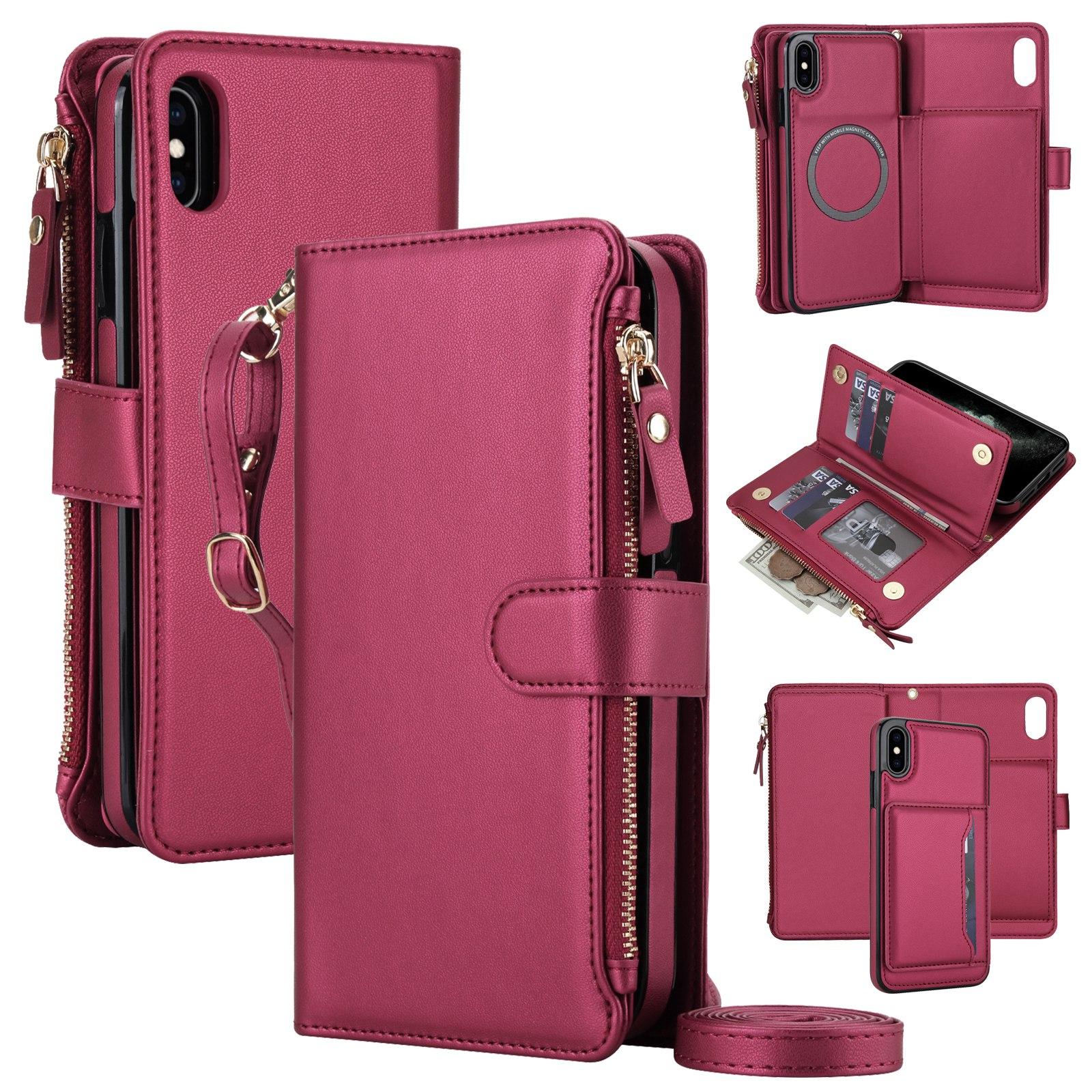 For iPhone XS Max KLT-033 Detachable 2 in 1 Zipper Wallet Magnetic Phone Case with Lanyard(Red) - Shopkiz.com