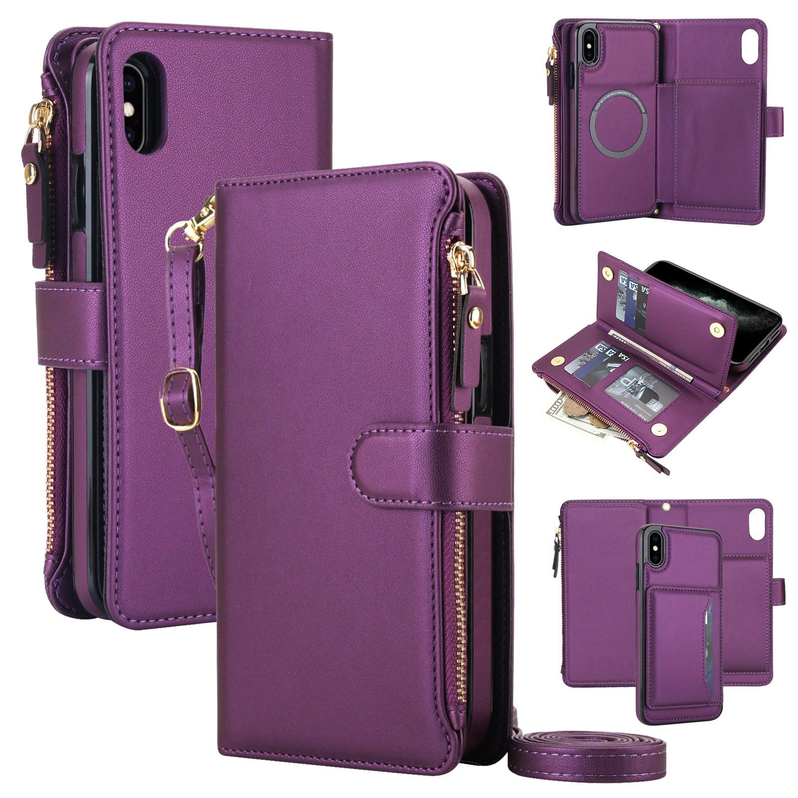 For iPhone XS Max KLT-033 Detachable 2 in 1 Zipper Wallet Magnetic Phone Case with Lanyard(Purple) - Shopkiz.com