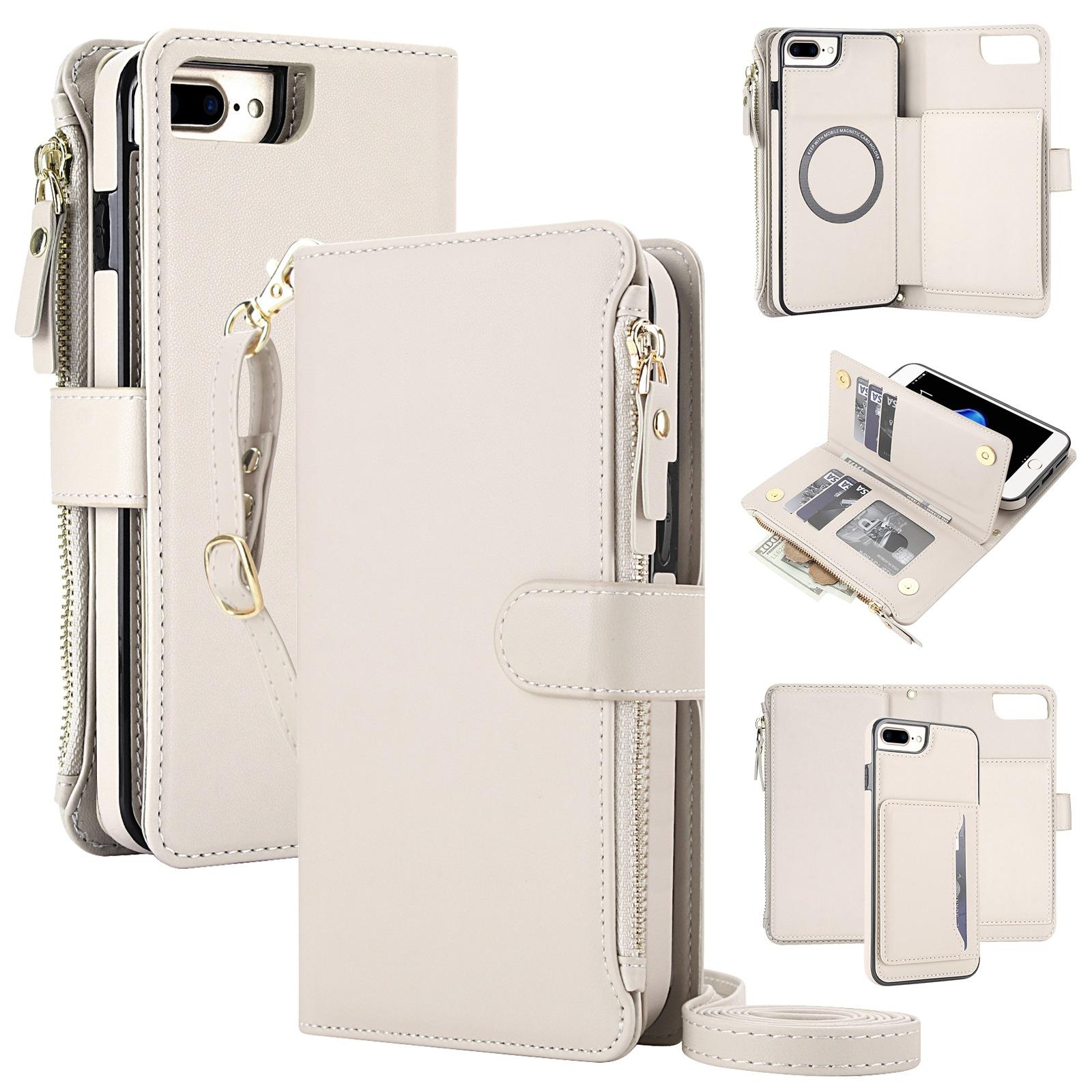 For iPhone 8 Plus / 7 Plus KLT-033 Detachable 2 in 1 Zipper Wallet Magnetic Phone Case with Lanyard(Apricot) - Shopkiz.com