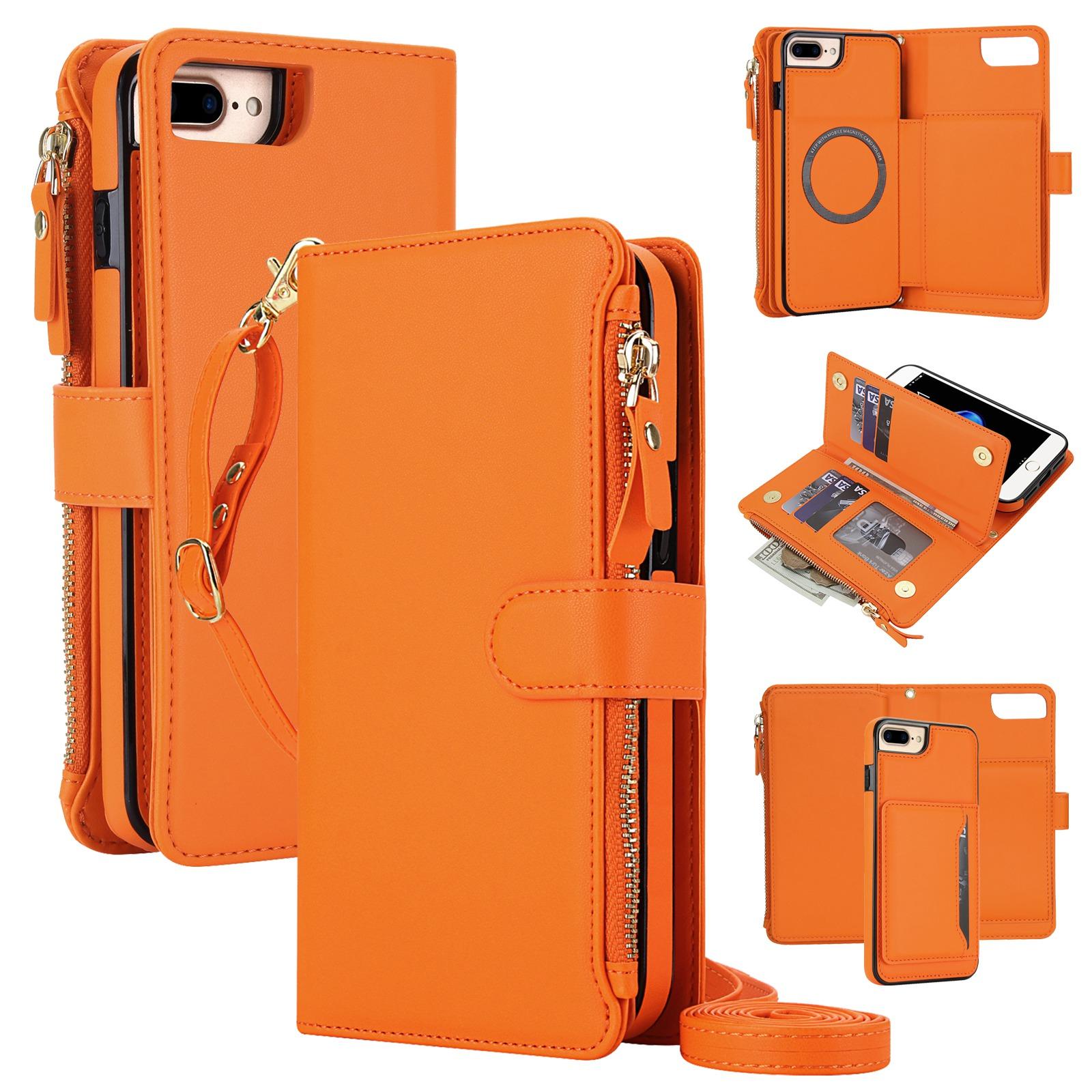 For iPhone 8 Plus / 7 Plus KLT-033 Detachable 2 in 1 Zipper Wallet Magnetic Phone Case with Lanyard(Orange) - Shopkiz.com