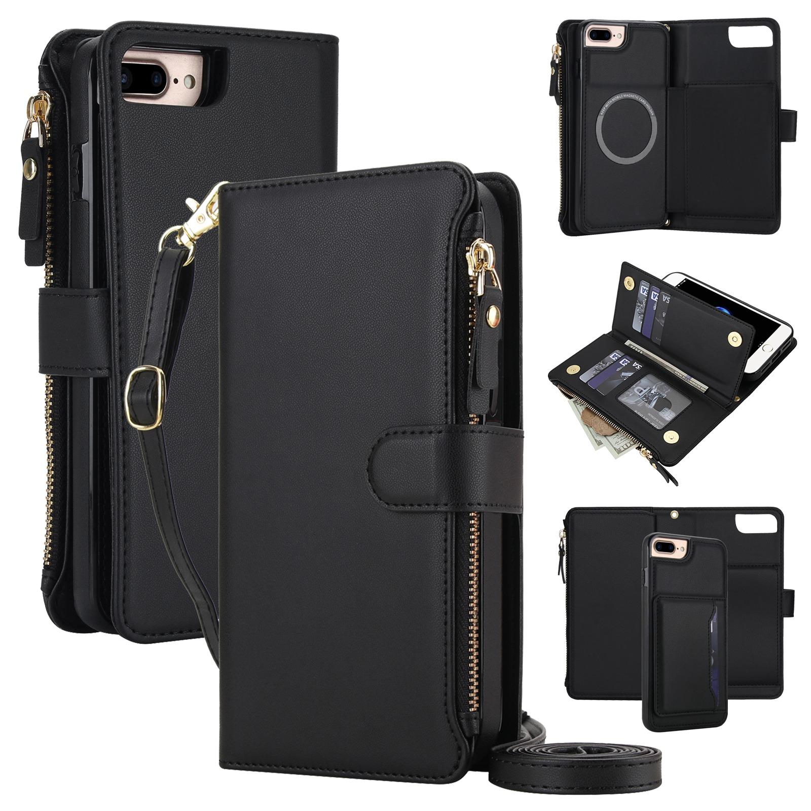 For iPhone 8 Plus / 7 Plus KLT-033 Detachable 2 in 1 Zipper Wallet Magnetic Phone Case with Lanyard(Black) - Shopkiz.com