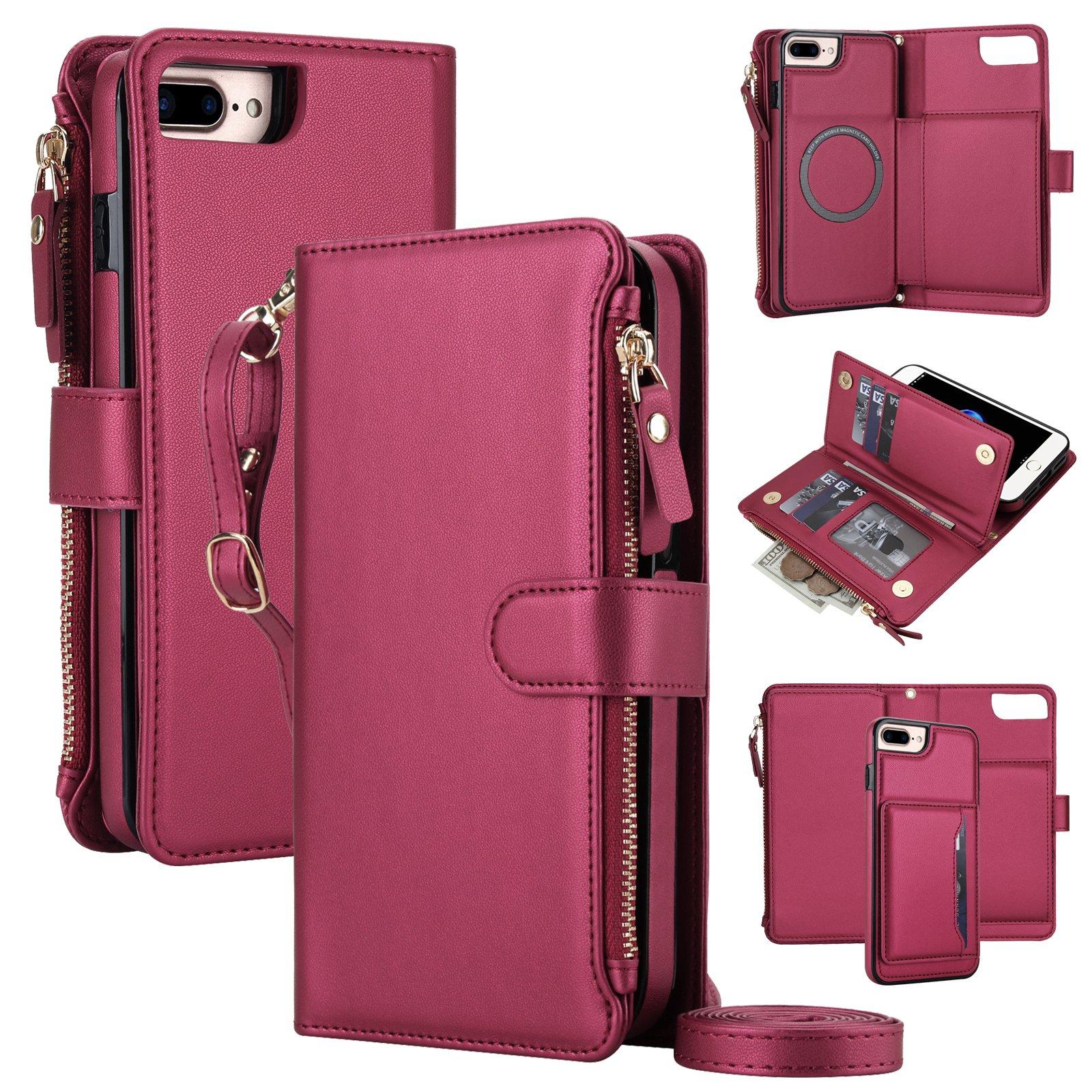 For iPhone 8 Plus / 7 Plus KLT-033 Detachable 2 in 1 Zipper Wallet Magnetic Phone Case with Lanyard(Red) - Shopkiz.com