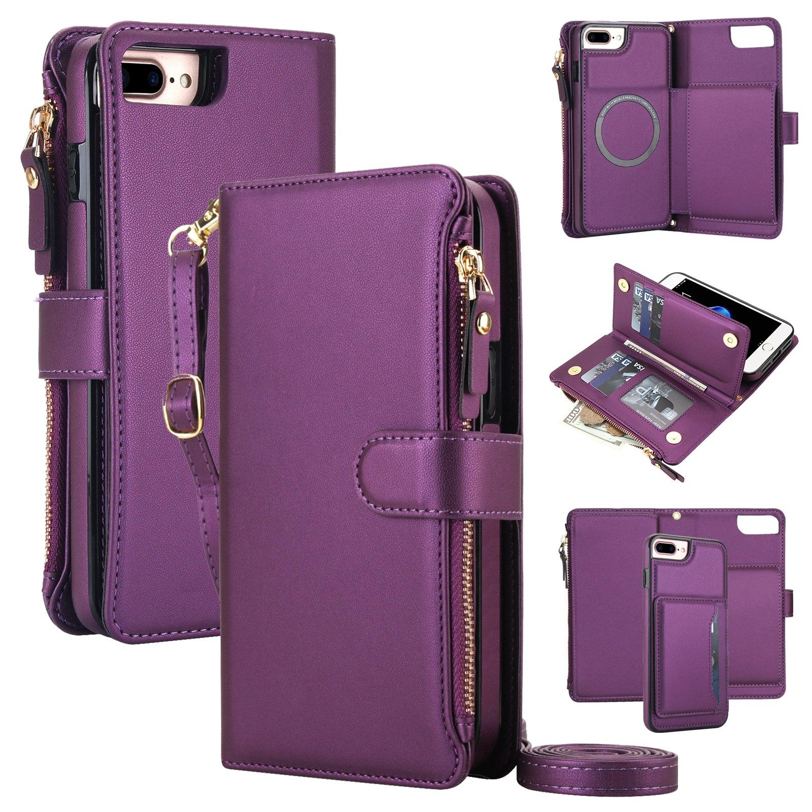 For iPhone 8 Plus / 7 Plus KLT-033 Detachable 2 in 1 Zipper Wallet Magnetic Phone Case with Lanyard(Purple) - Shopkiz.com