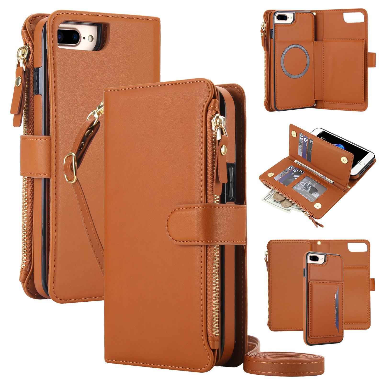 For iPhone 8 Plus / 7 Plus KLT-033 Detachable 2 in 1 Zipper Wallet Magnetic Phone Case with Lanyard(Brown) - Shopkiz.com