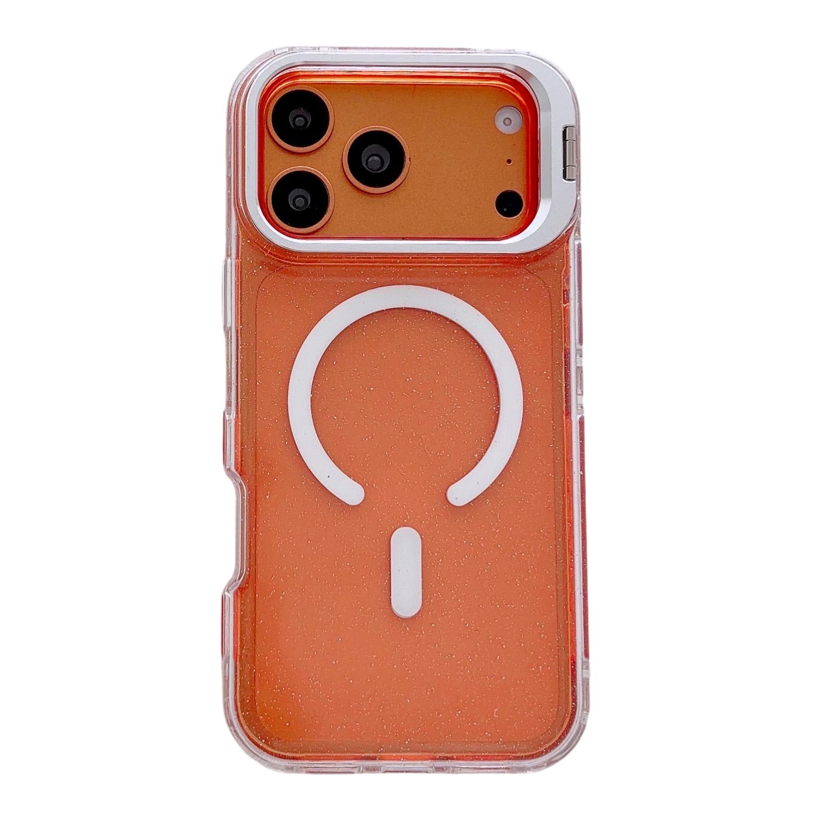 For iPhone 17 Pro Max Crystal Clear Glitter Camera Lens Holder Magnetic Phone Case(Orange) - Shopkiz.com